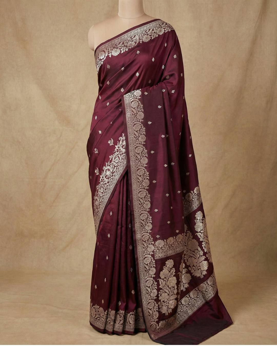 Wine Banarasi Mashru Katan Silk Saree
