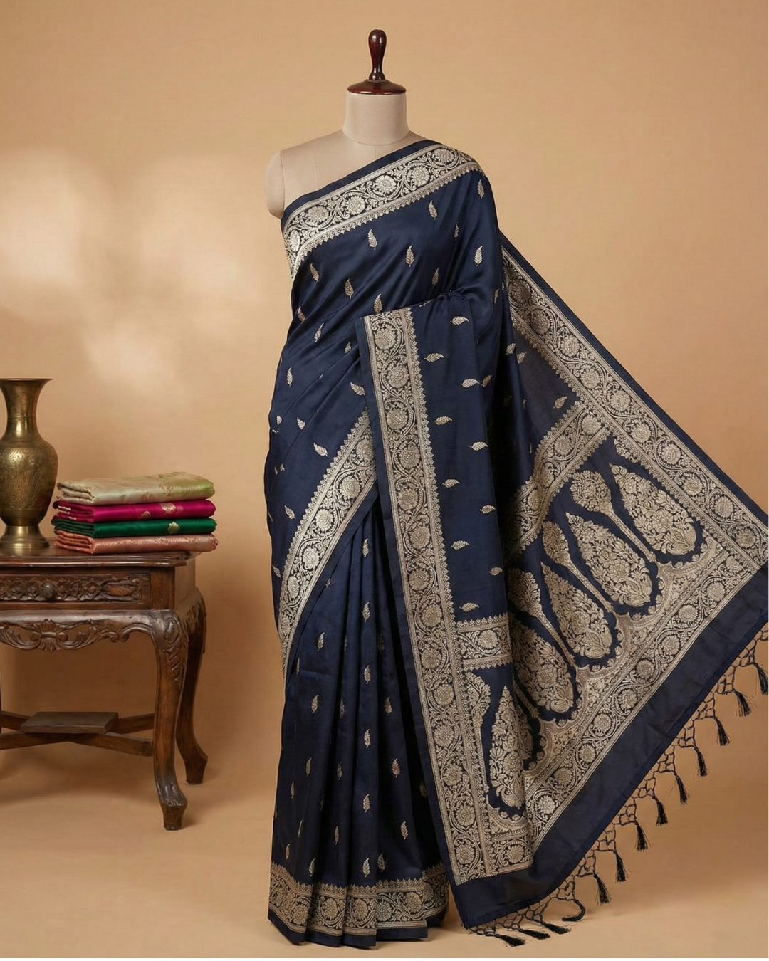 Navy Blue Banarasi Mashru Katan Silk Saree
