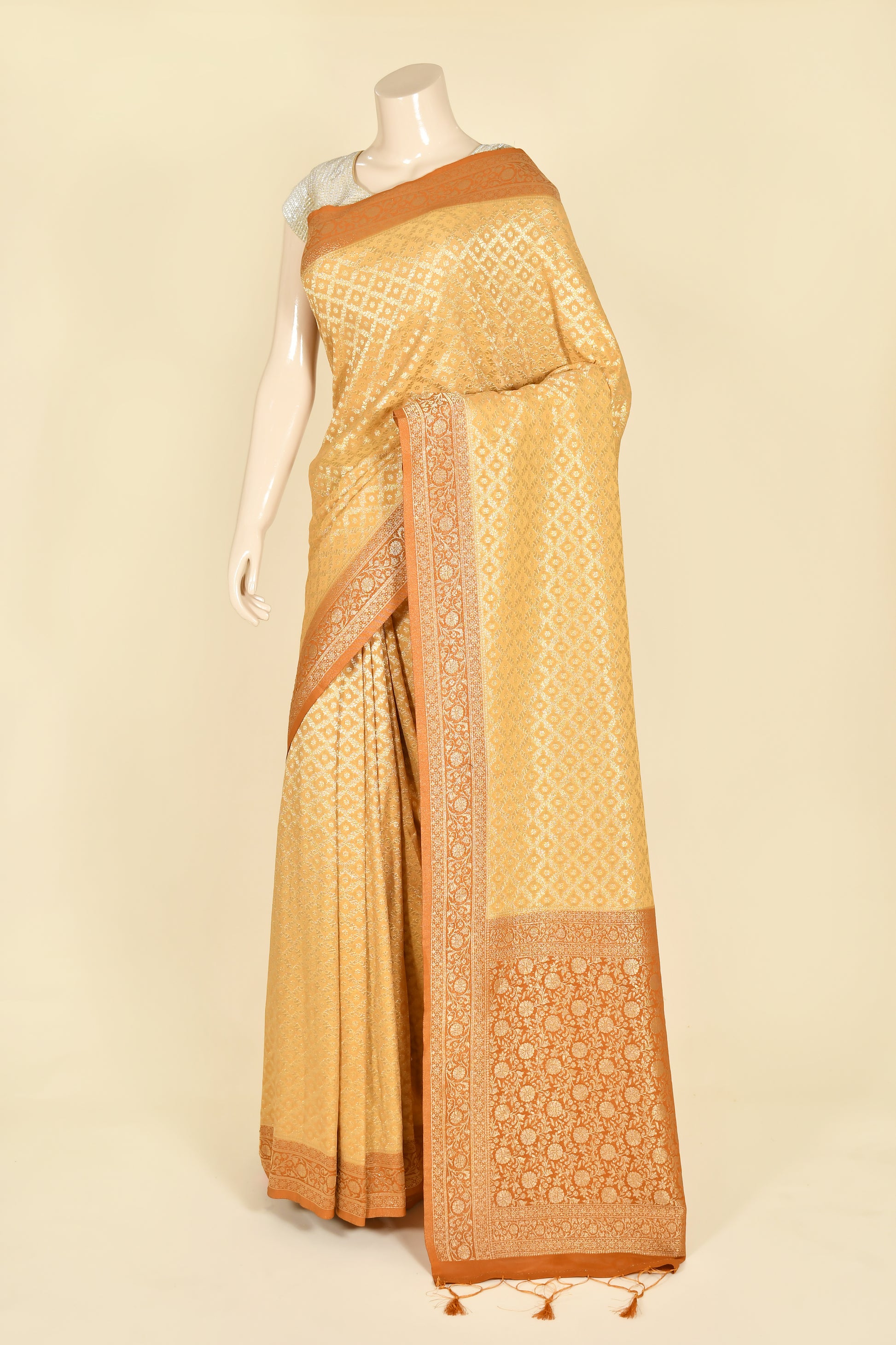 yellow Banarasi Chiffon Silk Saree