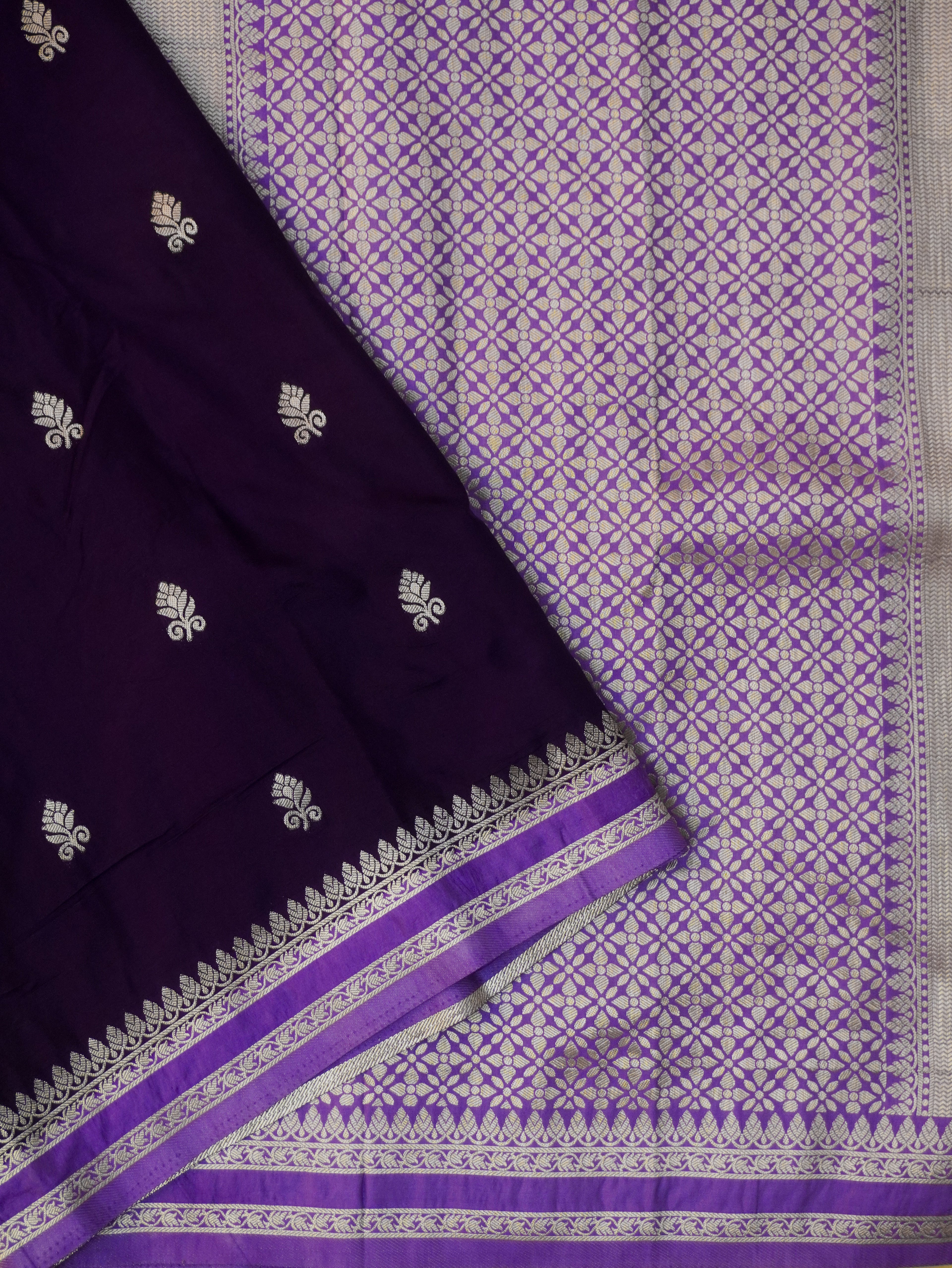 Purple Soft Silk Banarasi Saree with Silver Buti Work