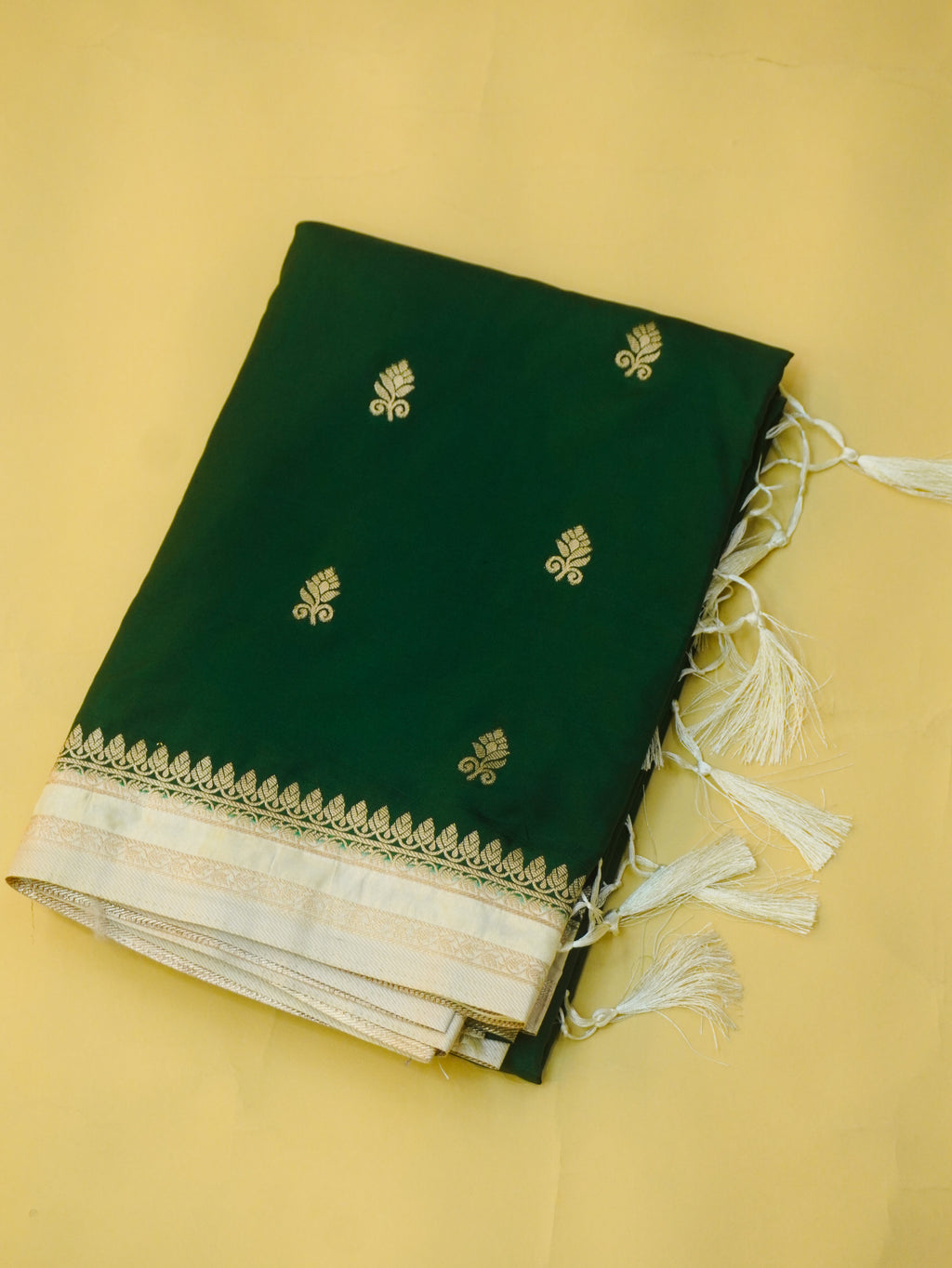 Bottle Green Soft Silk Banarasi Saree with Silver Buti Work