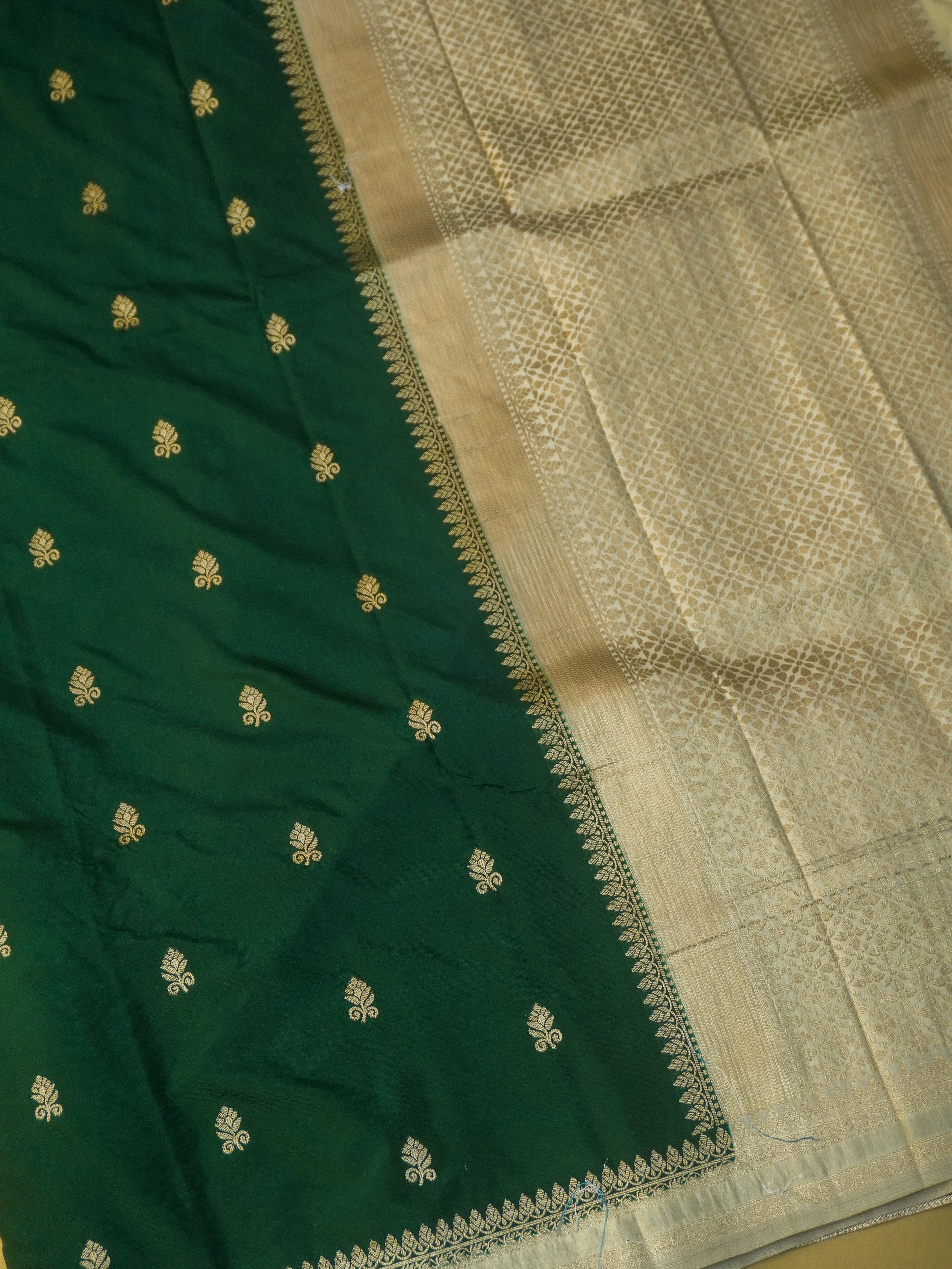Bottle Green Soft Silk Banarasi Saree with Silver Buti Work