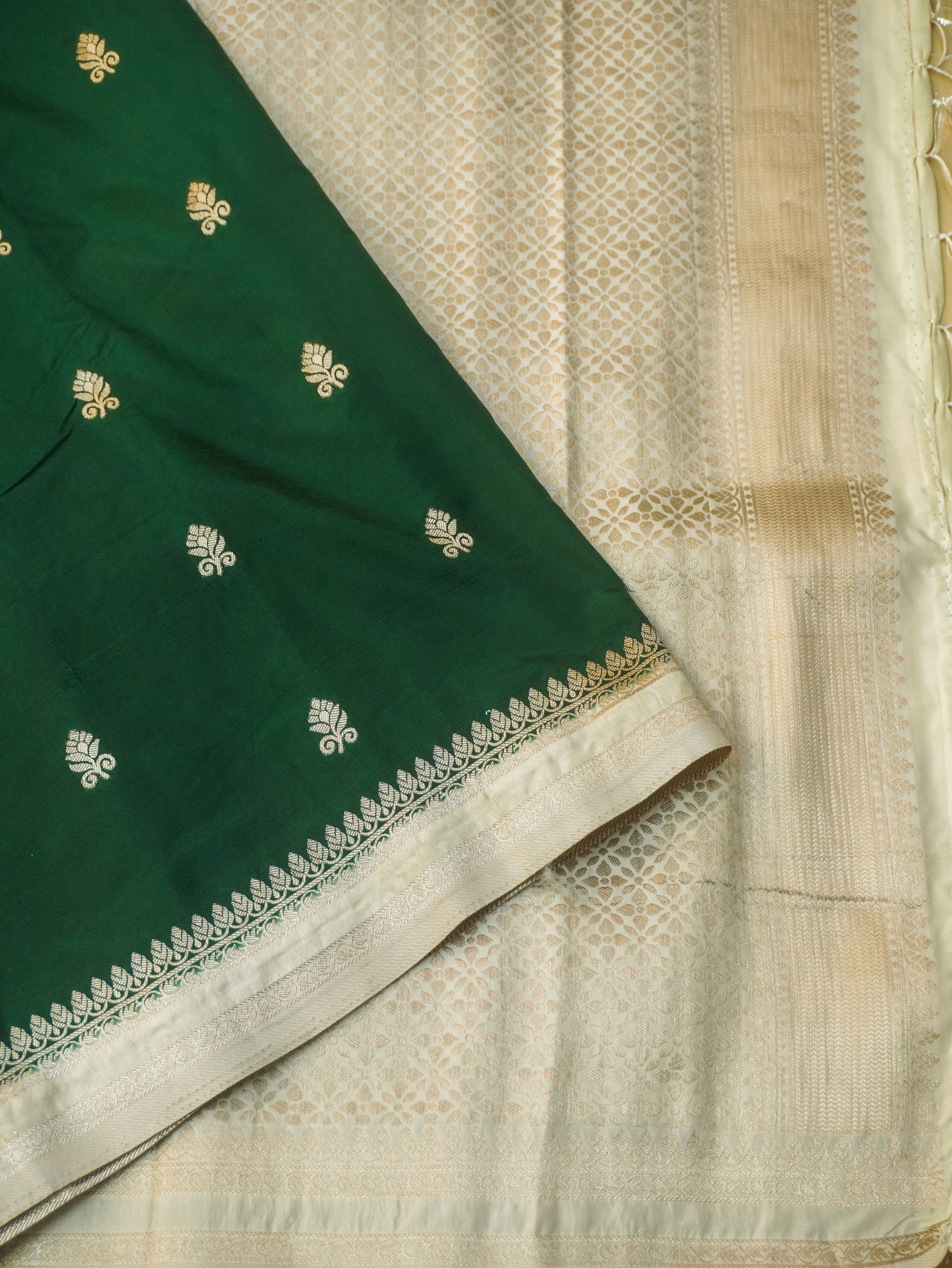 Bottle Green Soft Silk Banarasi Saree with Silver Buti Work
