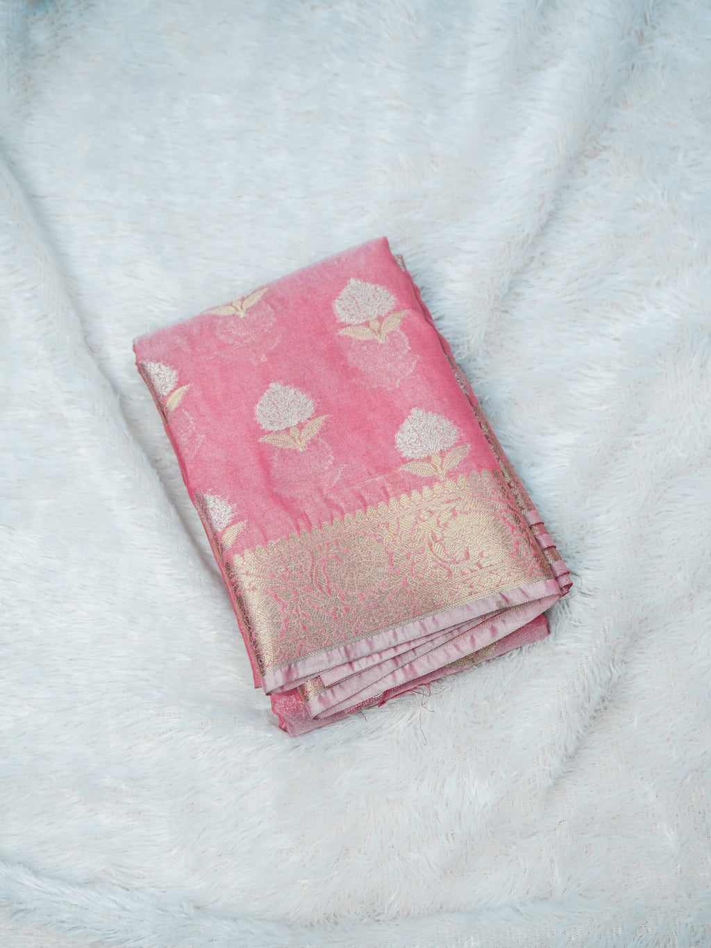 Baby Pink Silky Silk Banarasi Saree with Floral Zari Buti & Rich Zari Border