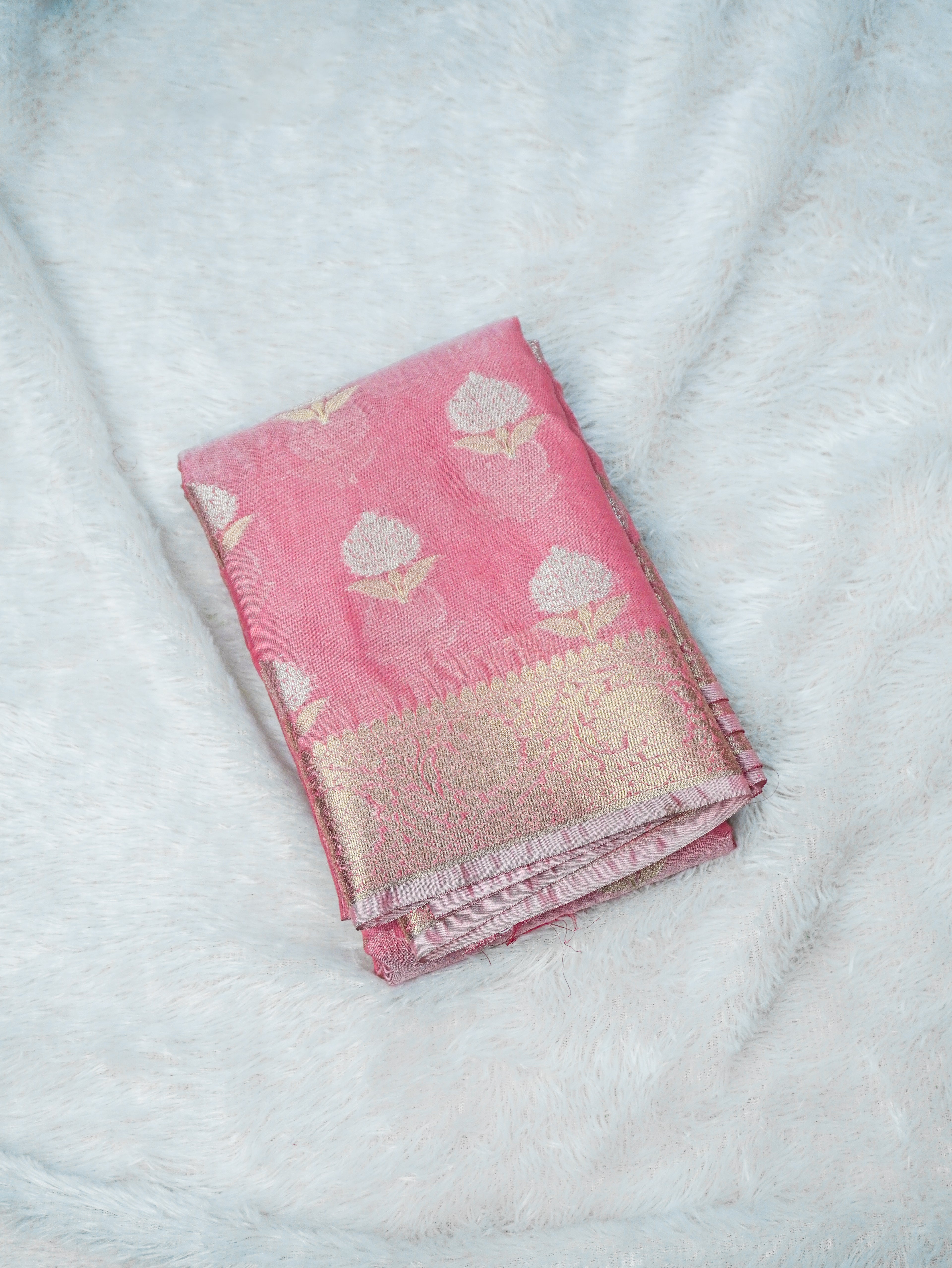 Baby Pink Silky Silk Banarasi Saree with Floral Zari Buti & Rich Zari Border
