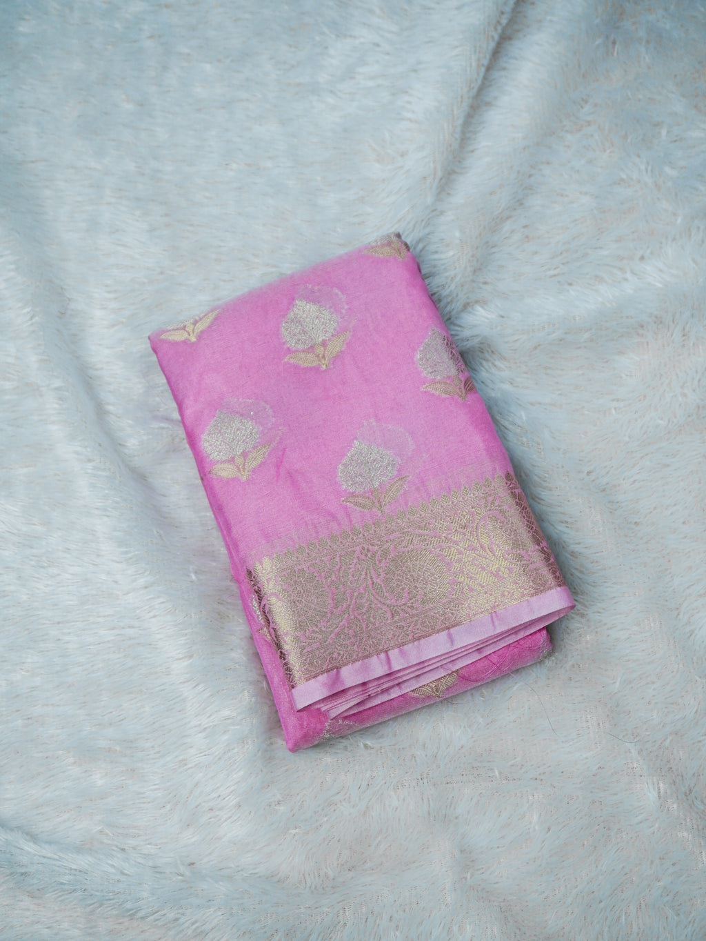 Candy Pink Silky Silk Banarasi Saree with Floral Zari Buti & Rich Zari Border
