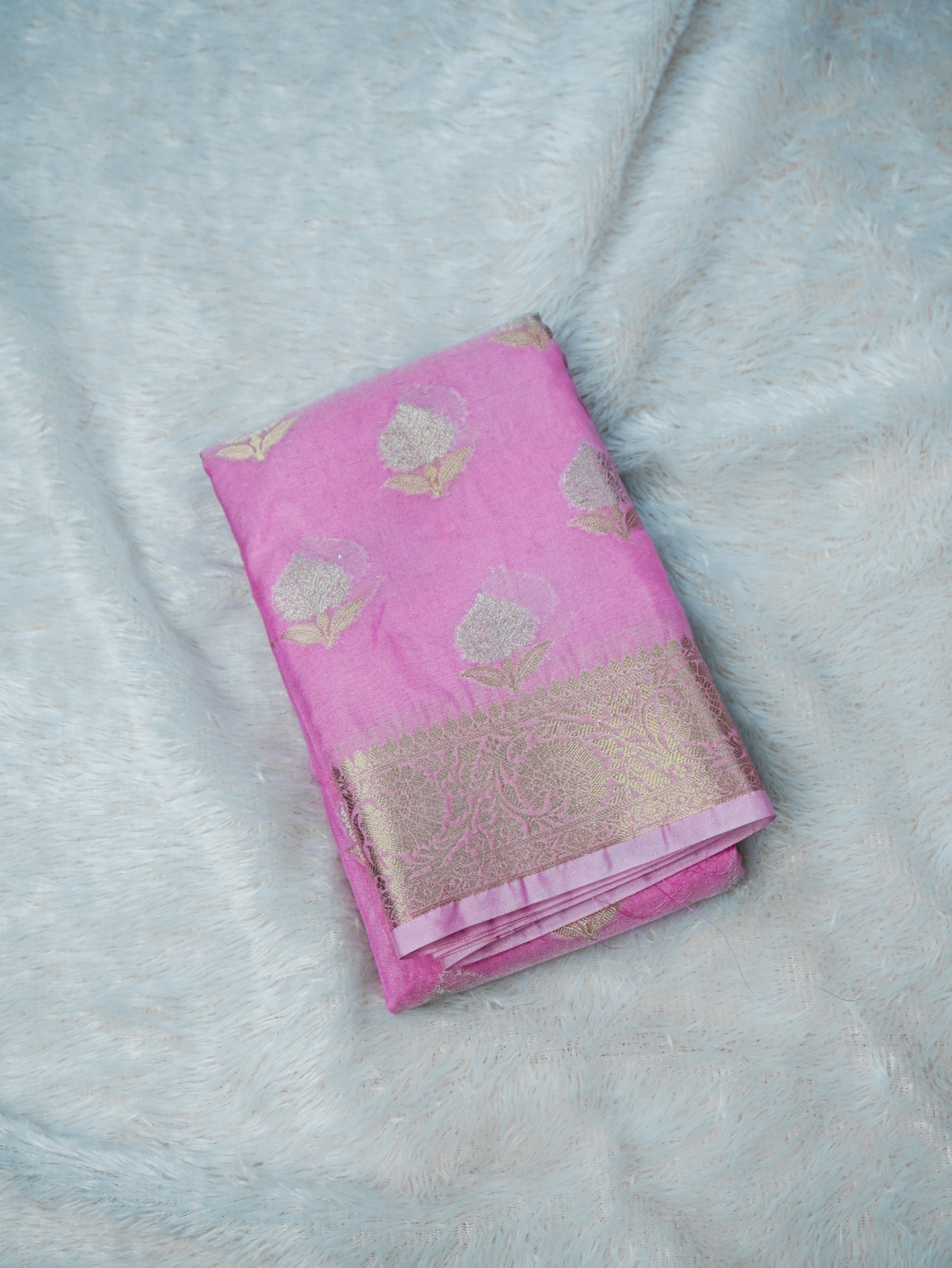 Candy Pink Silky Silk Banarasi Saree with Floral Zari Buti & Rich Zari Border
