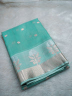 Aqua Green Tissue Banarasi Saree with Floral Buti & Silver Zari Border
