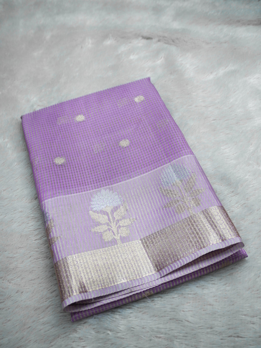 Lavender Tissue Banarasi Saree with Floral Buti & Silver Zari Border