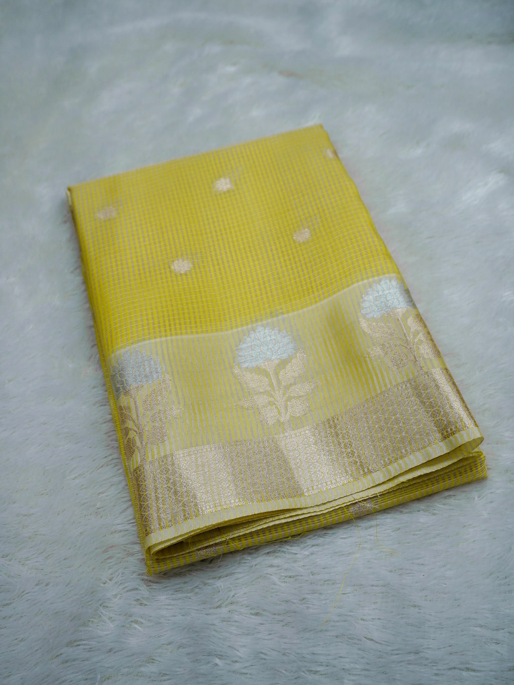 Lemon Yellow Tissue Banarasi Saree with Floral Buti & Silver Zari Border
