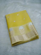 Lemon Yellow Tissue Banarasi Saree with Floral Buti & Silver Zari Border