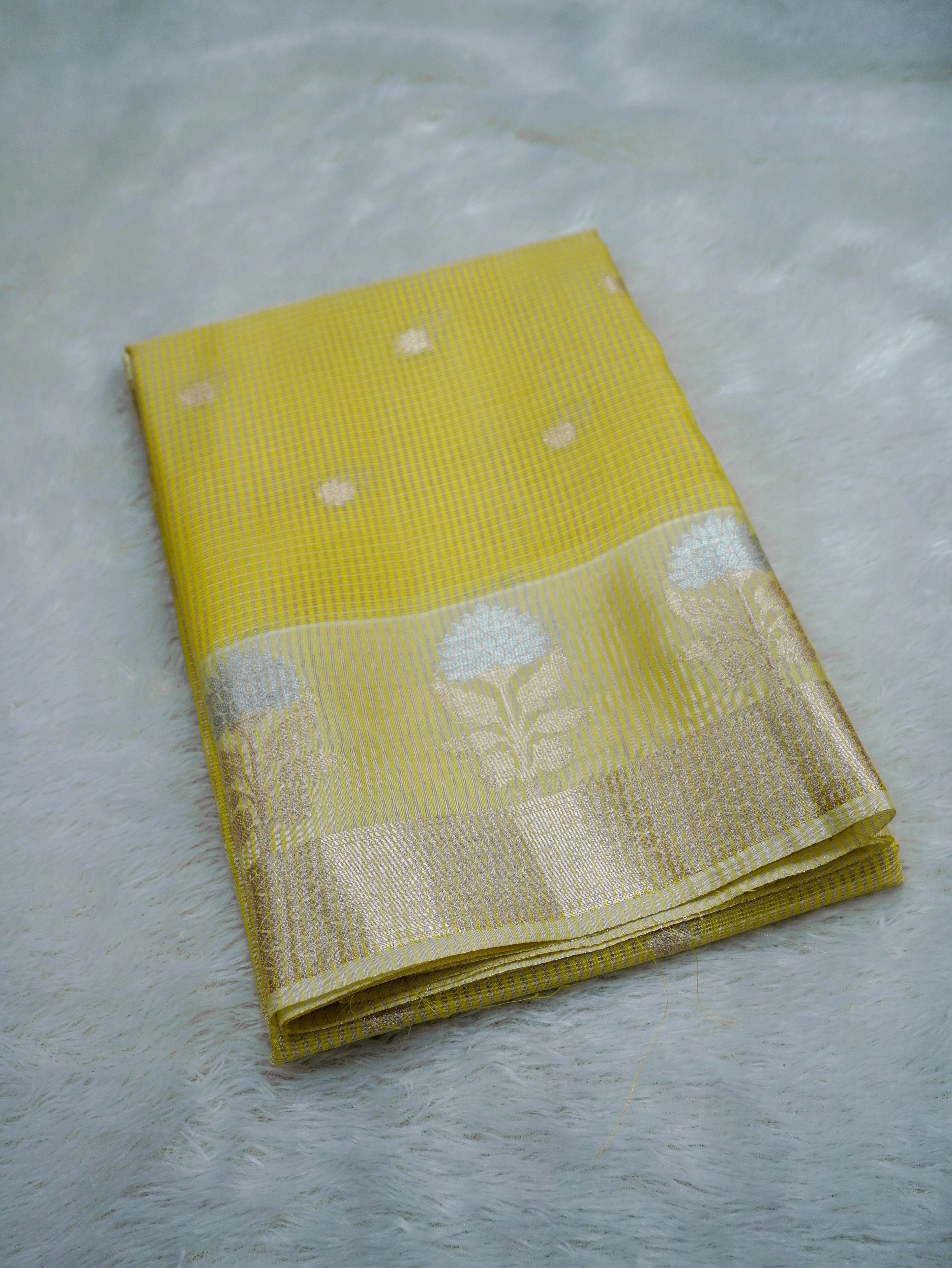 Lemon Yellow Tissue Banarasi Saree with Floral Buti & Silver Zari Border