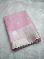 Baby Pink Tissue Banarasi Saree with Floral Buti & Silver Zari Border