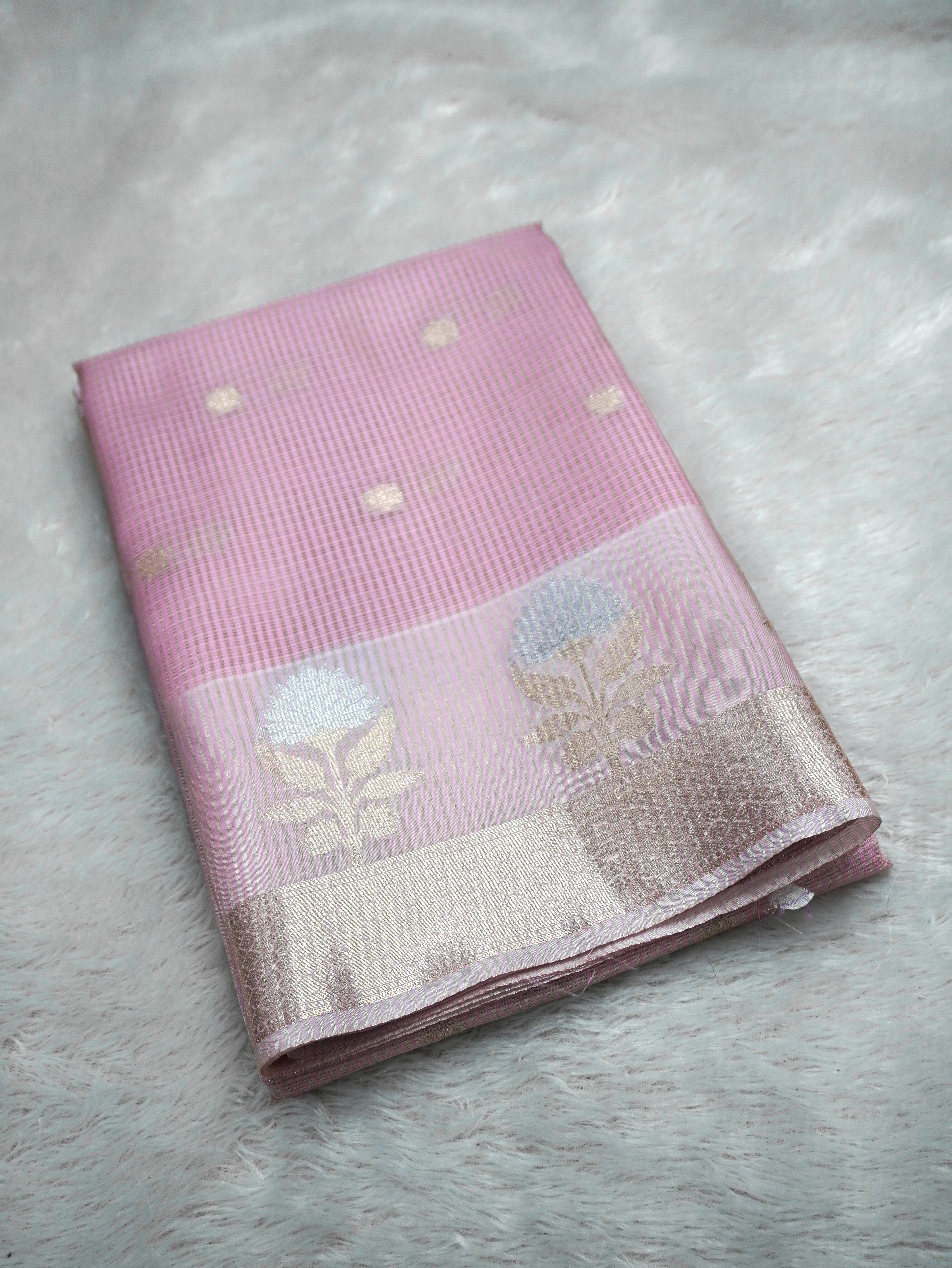 Baby Pink Tissue Banarasi Saree with Floral Buti & Silver Zari Border