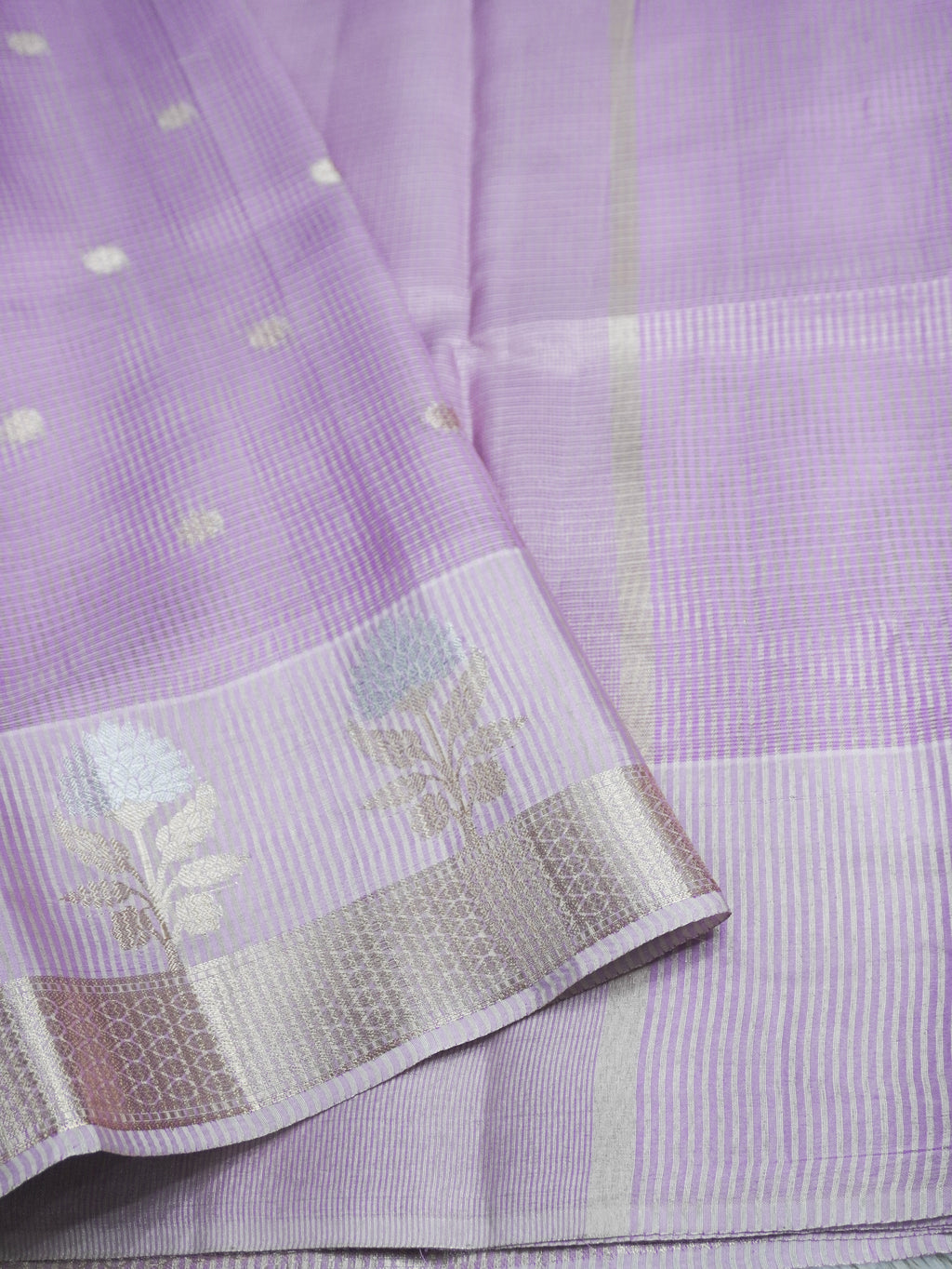 Lavender Tissue Banarasi Saree with Floral Buti & Silver Zari Border