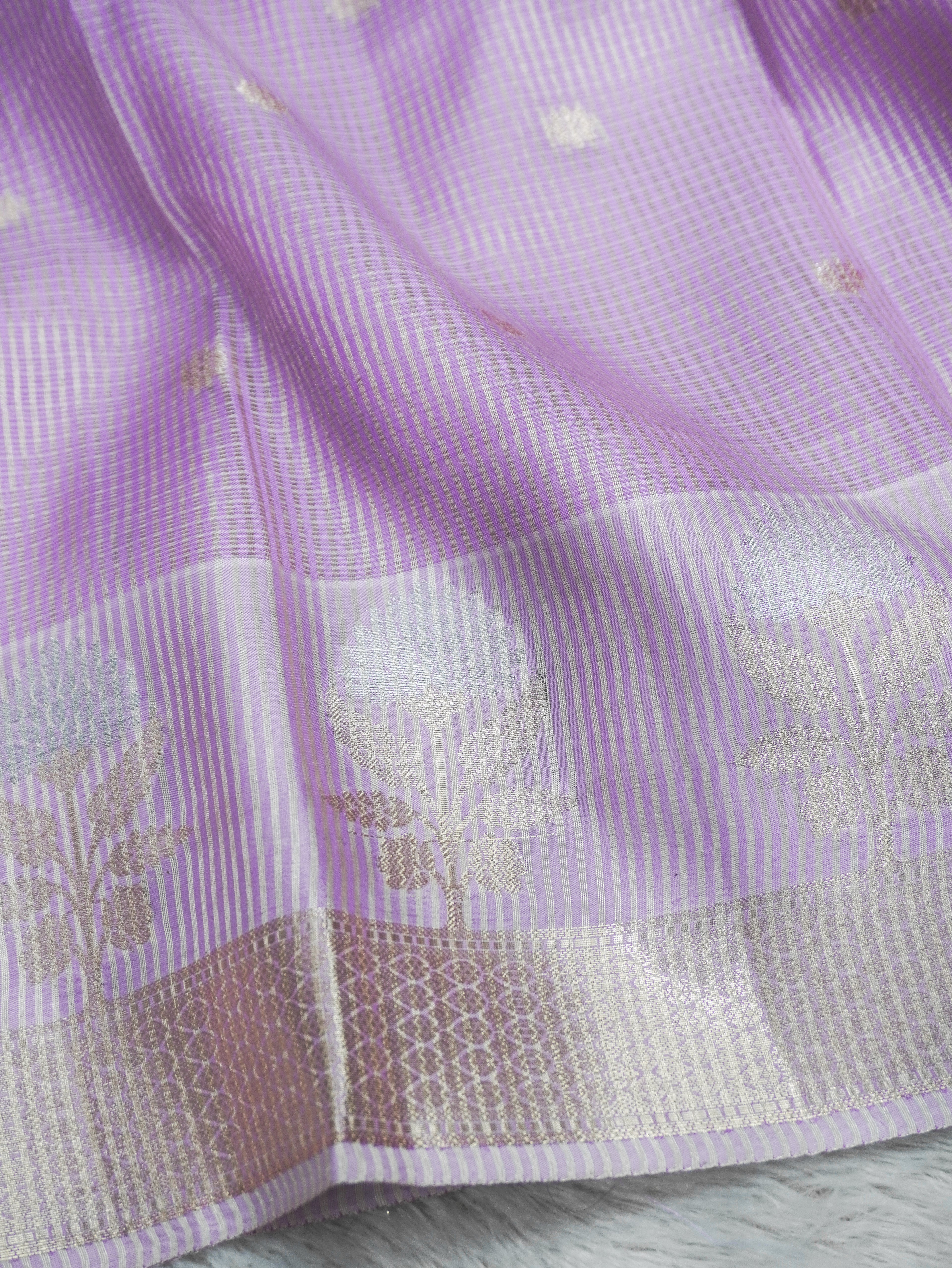 Lavender Tissue Banarasi Saree with Floral Buti & Silver Zari Border