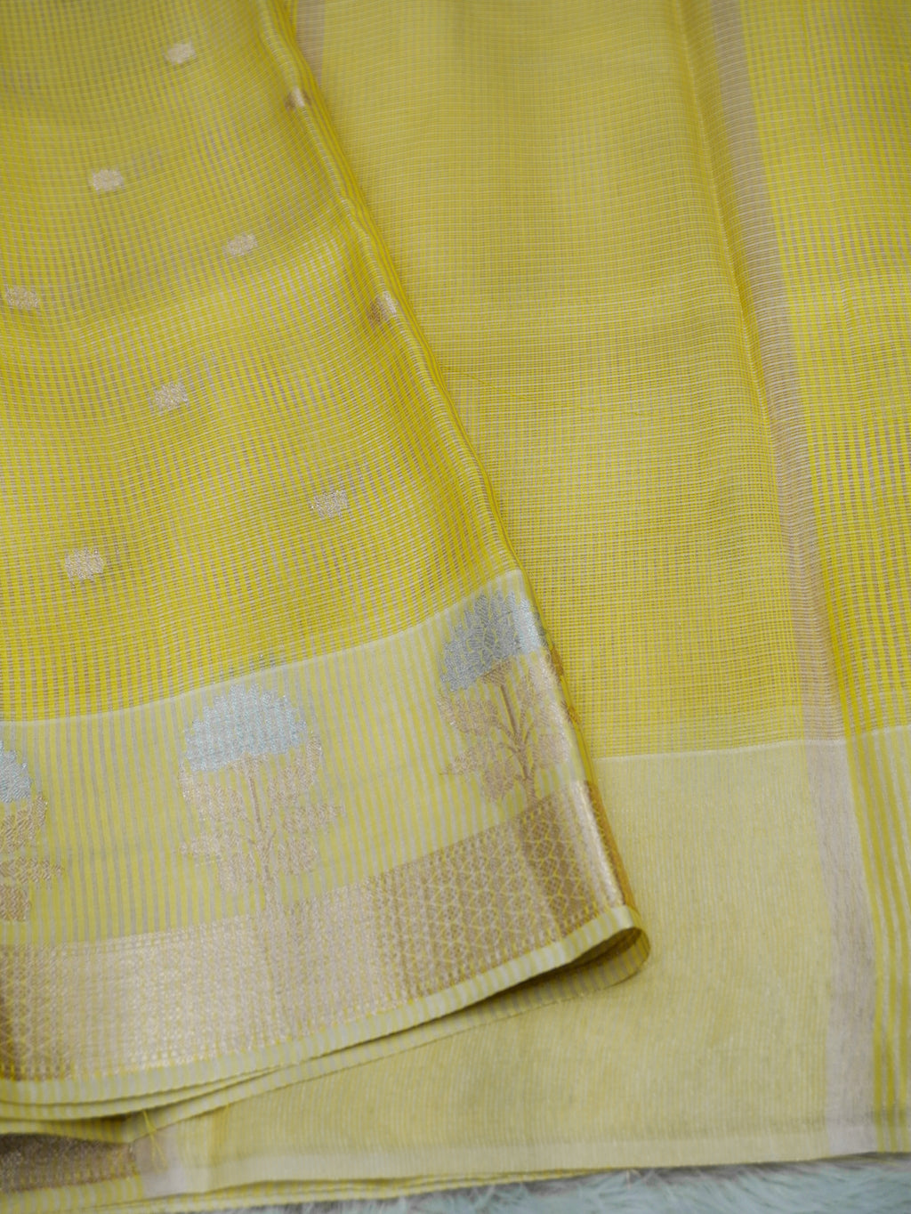 Lemon Yellow Tissue Banarasi Saree with Floral Buti & Silver Zari Border