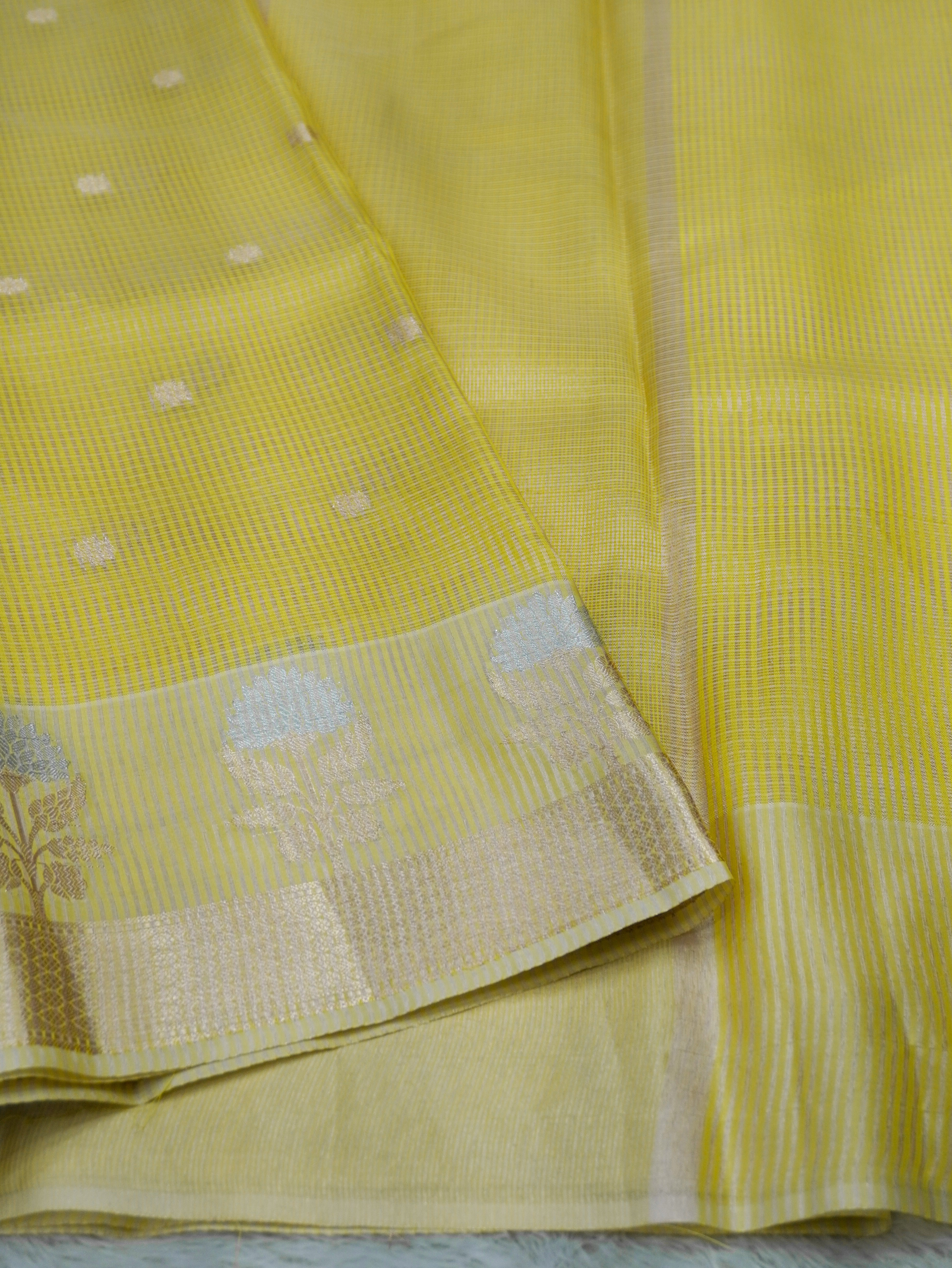 Lemon Yellow Tissue Banarasi Saree with Floral Buti & Silver Zari Border