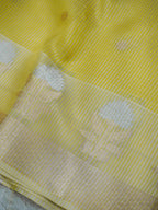 Lemon Yellow Tissue Banarasi Saree with Floral Buti & Silver Zari Border