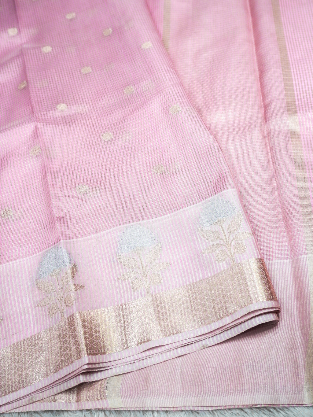 Baby Pink Tissue Banarasi Saree with Floral Buti & Silver Zari Border
