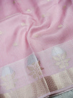 Baby Pink Tissue Banarasi Saree with Floral Buti & Silver Zari Border