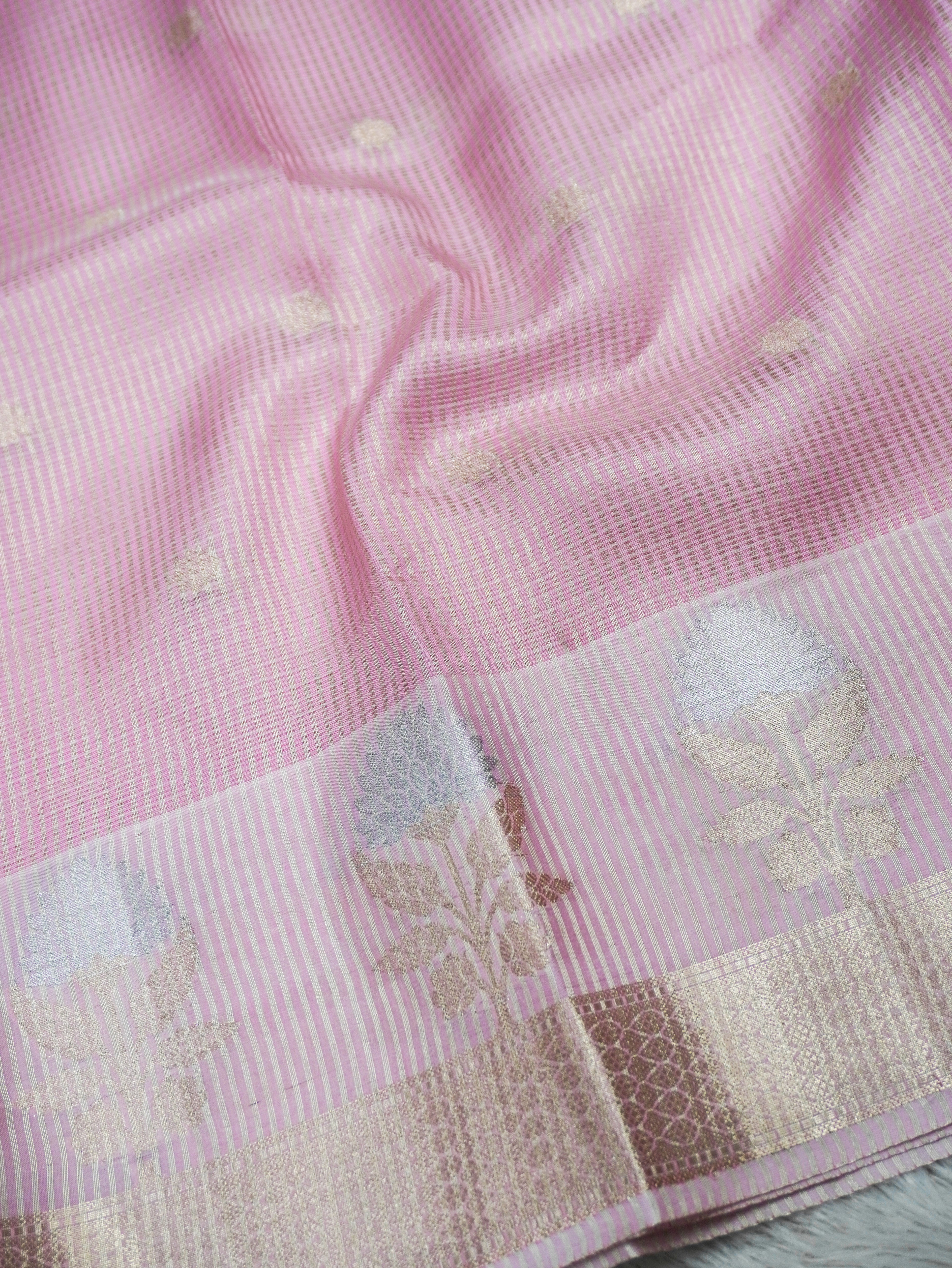 Baby Pink Tissue Banarasi Saree with Floral Buti & Silver Zari Border
