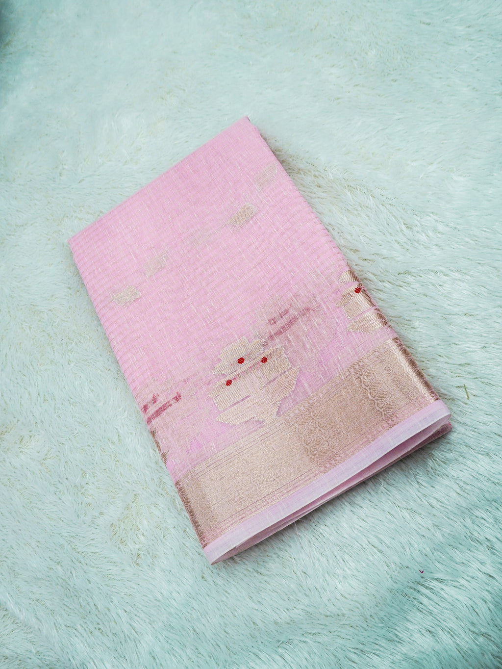 Baby Pink Cotton Banarasi Saree with Floral Buti & Rich Zari Border
