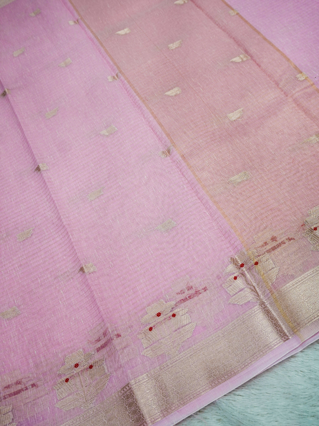 Baby Pink Cotton Banarasi Saree with Floral Buti & Rich Zari Border
