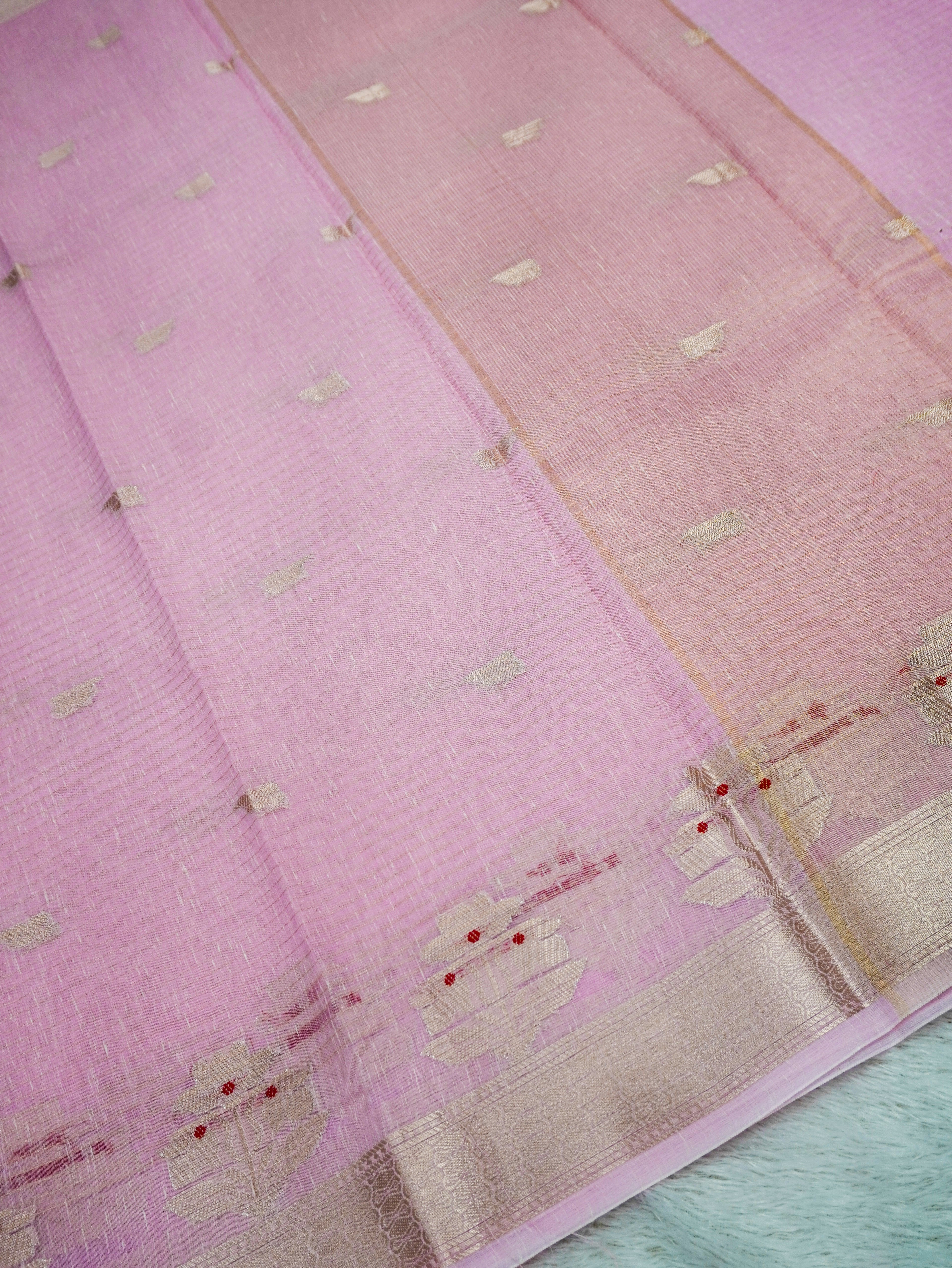 Baby Pink Cotton Banarasi Saree with Floral Buti & Rich Zari Border