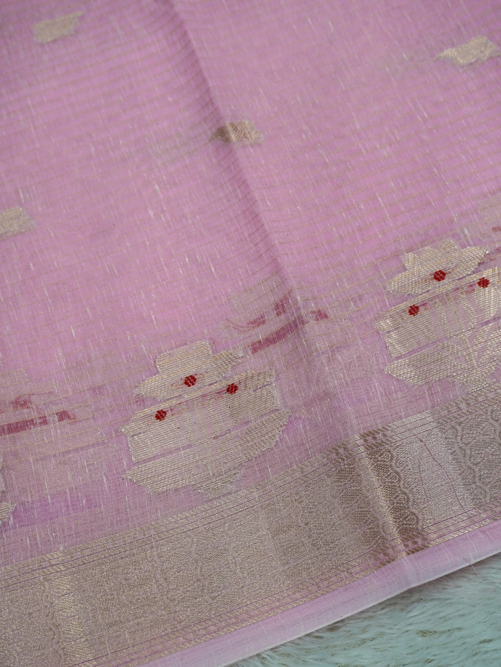Baby Pink Cotton Banarasi Saree with Floral Buti & Rich Zari Border