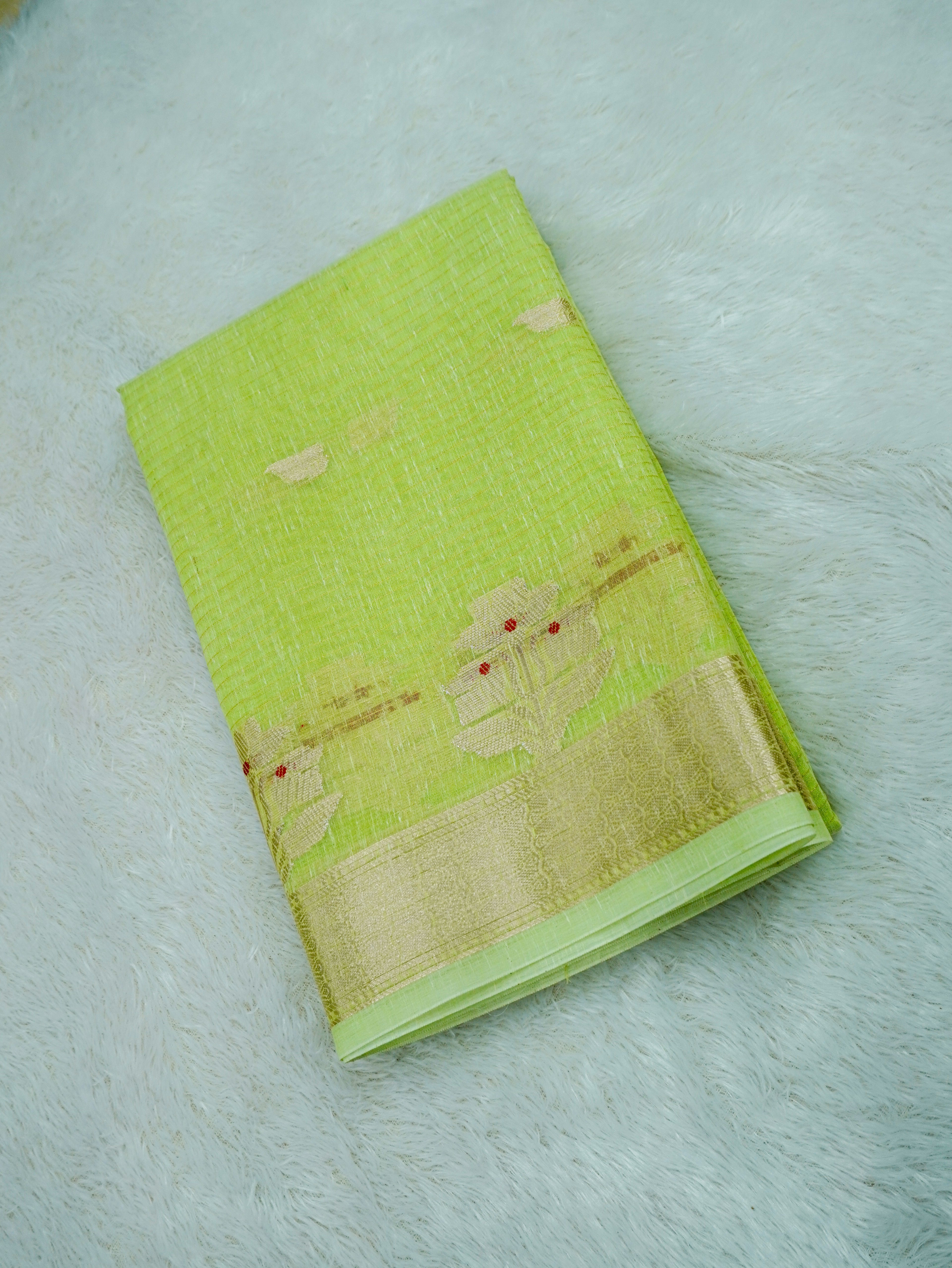 Pista Green Cotton Banarasi Saree with Floral Buti & Rich Zari Border