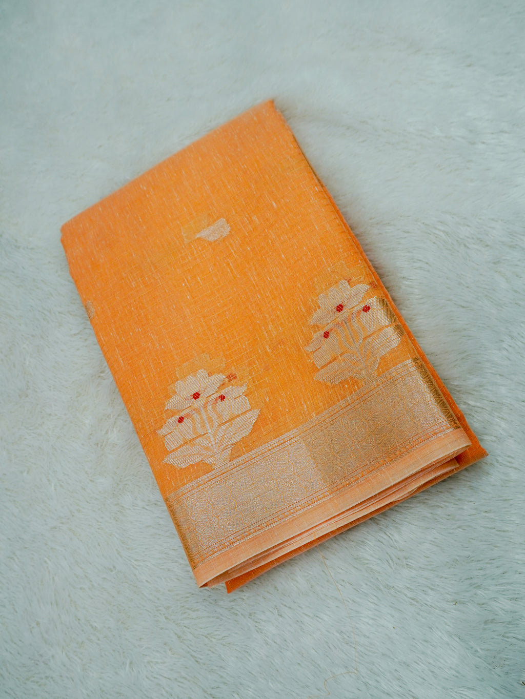 Peach Cotton Banarasi Saree with Floral Buti & Rich Zari Border