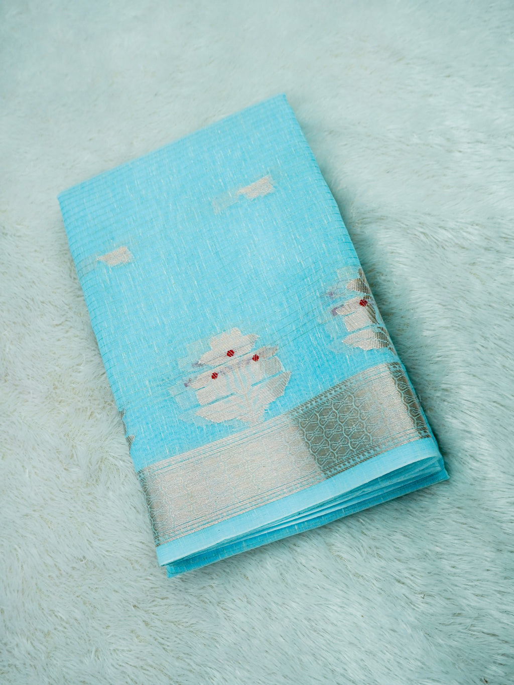 Sky Blue Cotton Banarasi Saree with Floral Buti & Rich Zari Border
