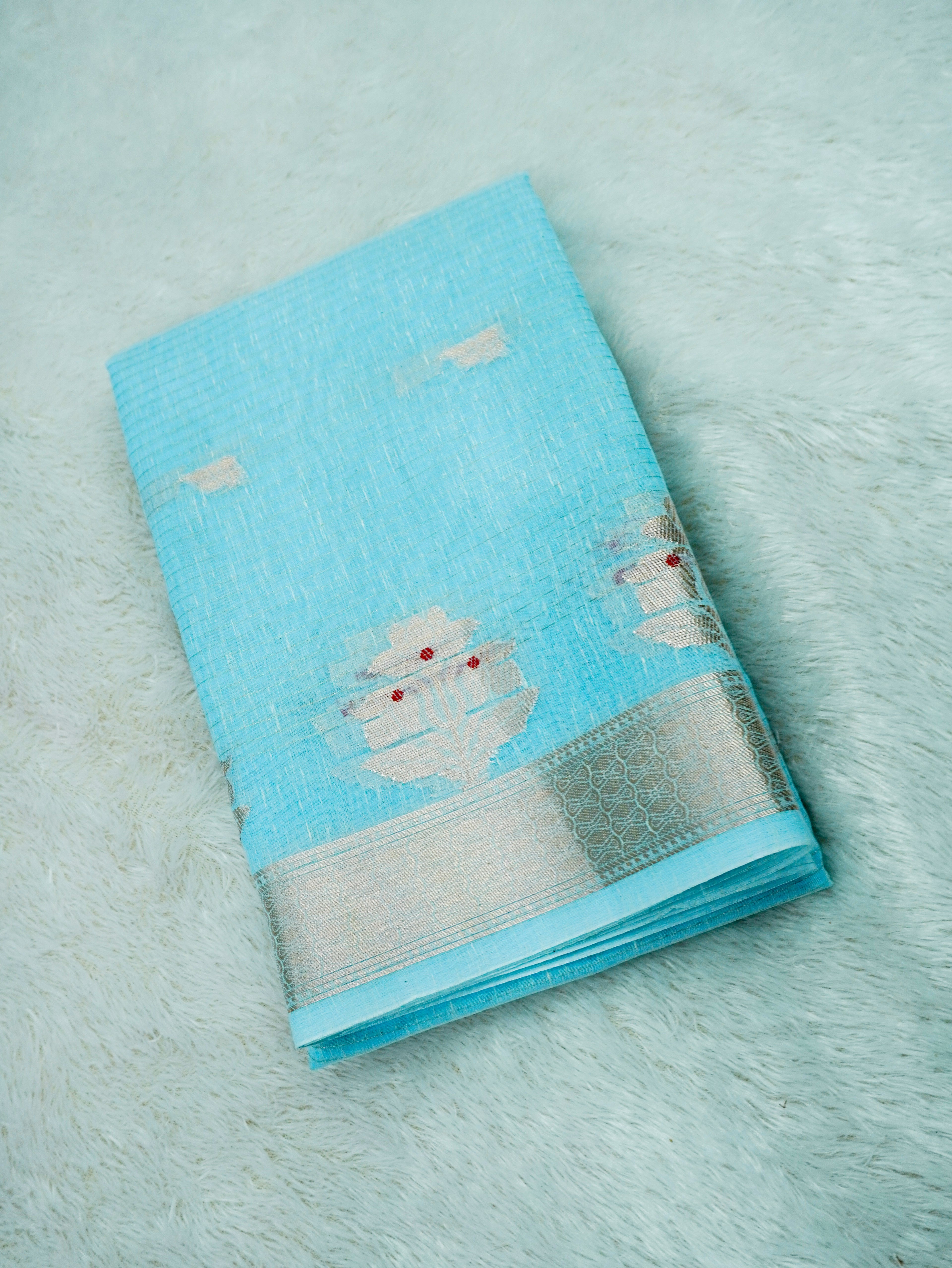 Sky Blue Cotton Banarasi Saree with Floral Buti & Rich Zari Border