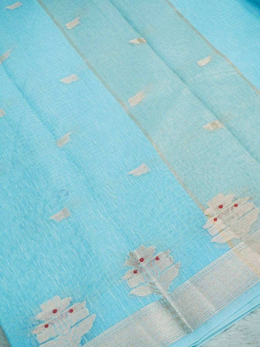 Sky Blue Cotton Banarasi Saree with Floral Buti & Rich Zari Border
