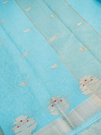Sky Blue Cotton Banarasi Saree with Floral Buti & Rich Zari Border
