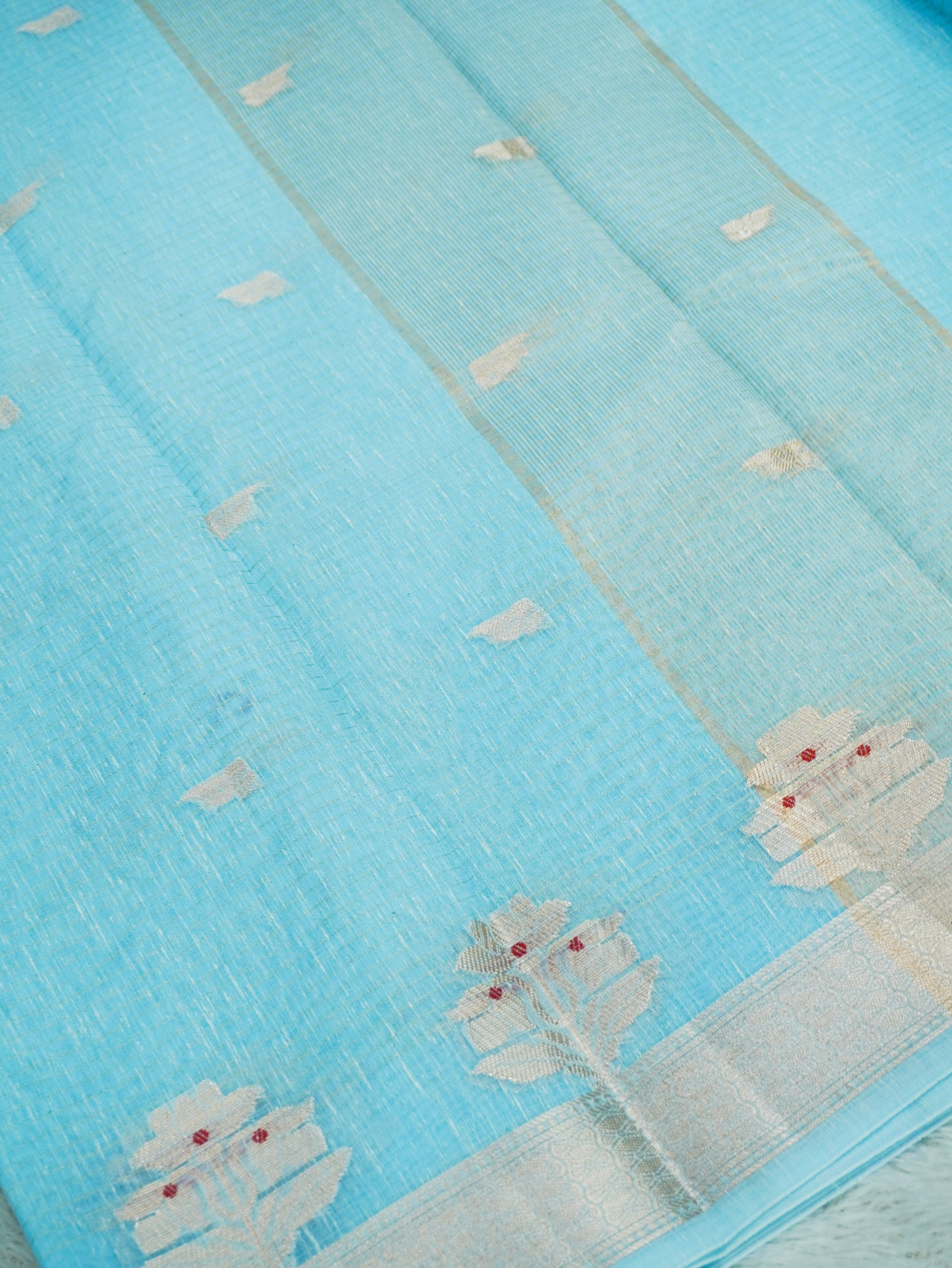 Sky Blue Cotton Banarasi Saree with Floral Buti & Rich Zari Border