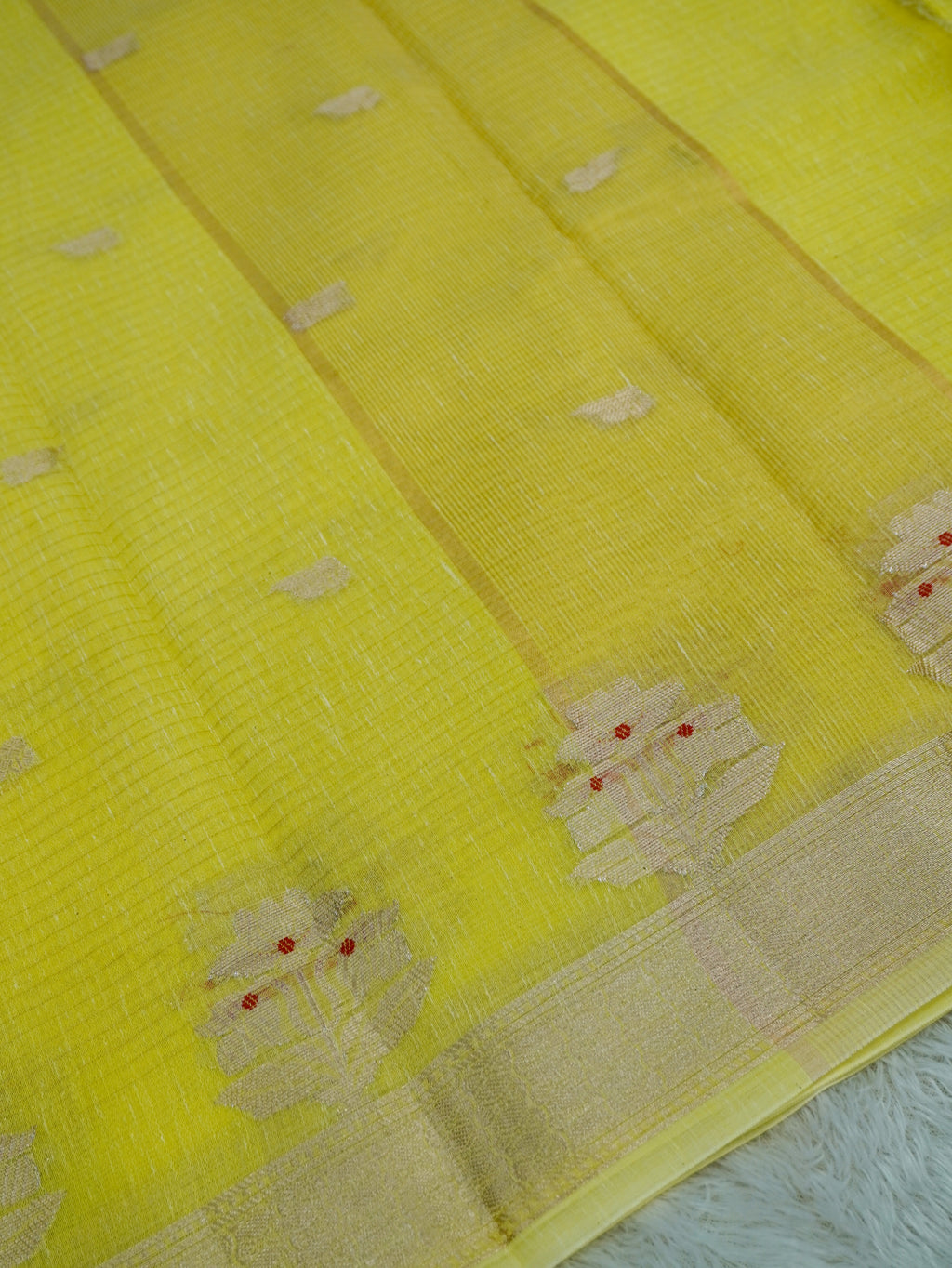 Lemon Yellow Cotton Banarasi Saree with Floral Buti & Rich Zari Border