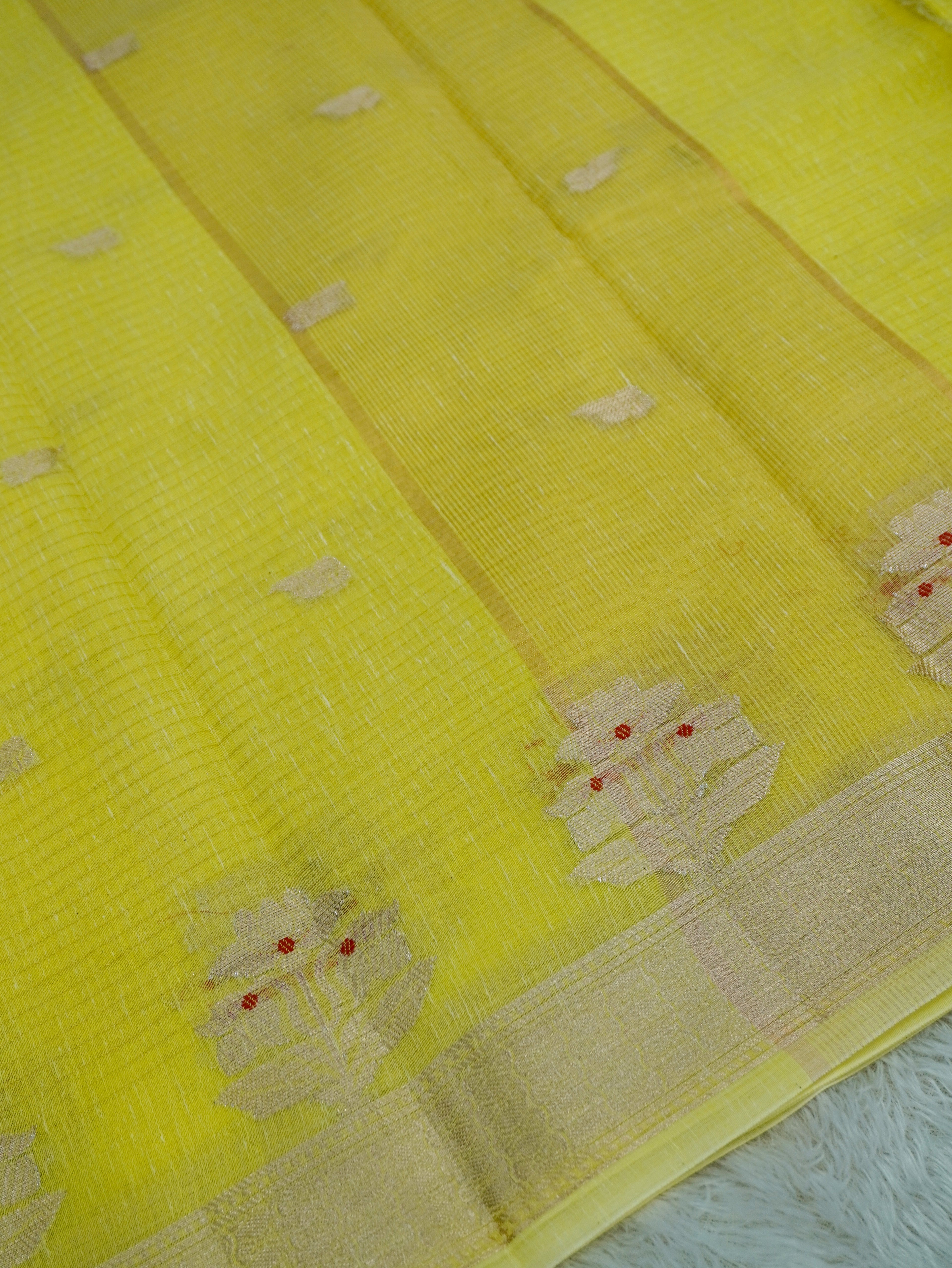 Lemon Yellow Cotton Banarasi Saree with Floral Buti & Rich Zari Border