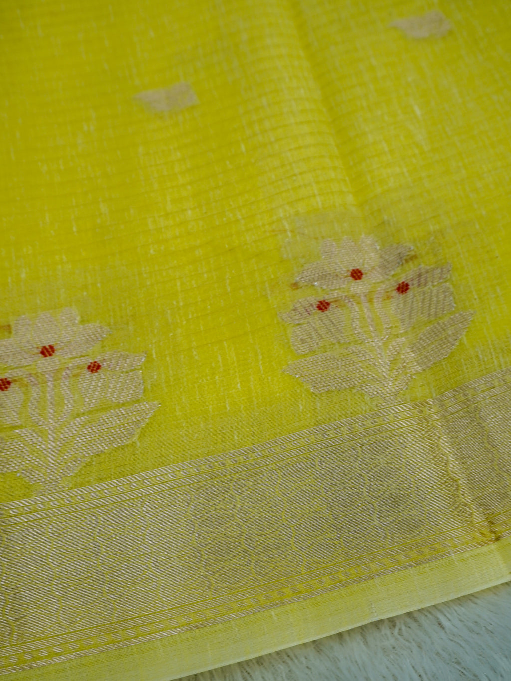 Lemon Yellow Cotton Banarasi Saree with Floral Buti & Rich Zari Border