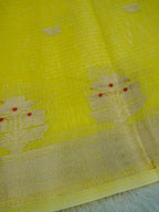 Lemon Yellow Cotton Banarasi Saree with Floral Buti & Rich Zari Border