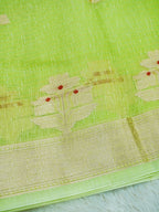 Pista Green Cotton Banarasi Saree with Floral Buti & Rich Zari Border