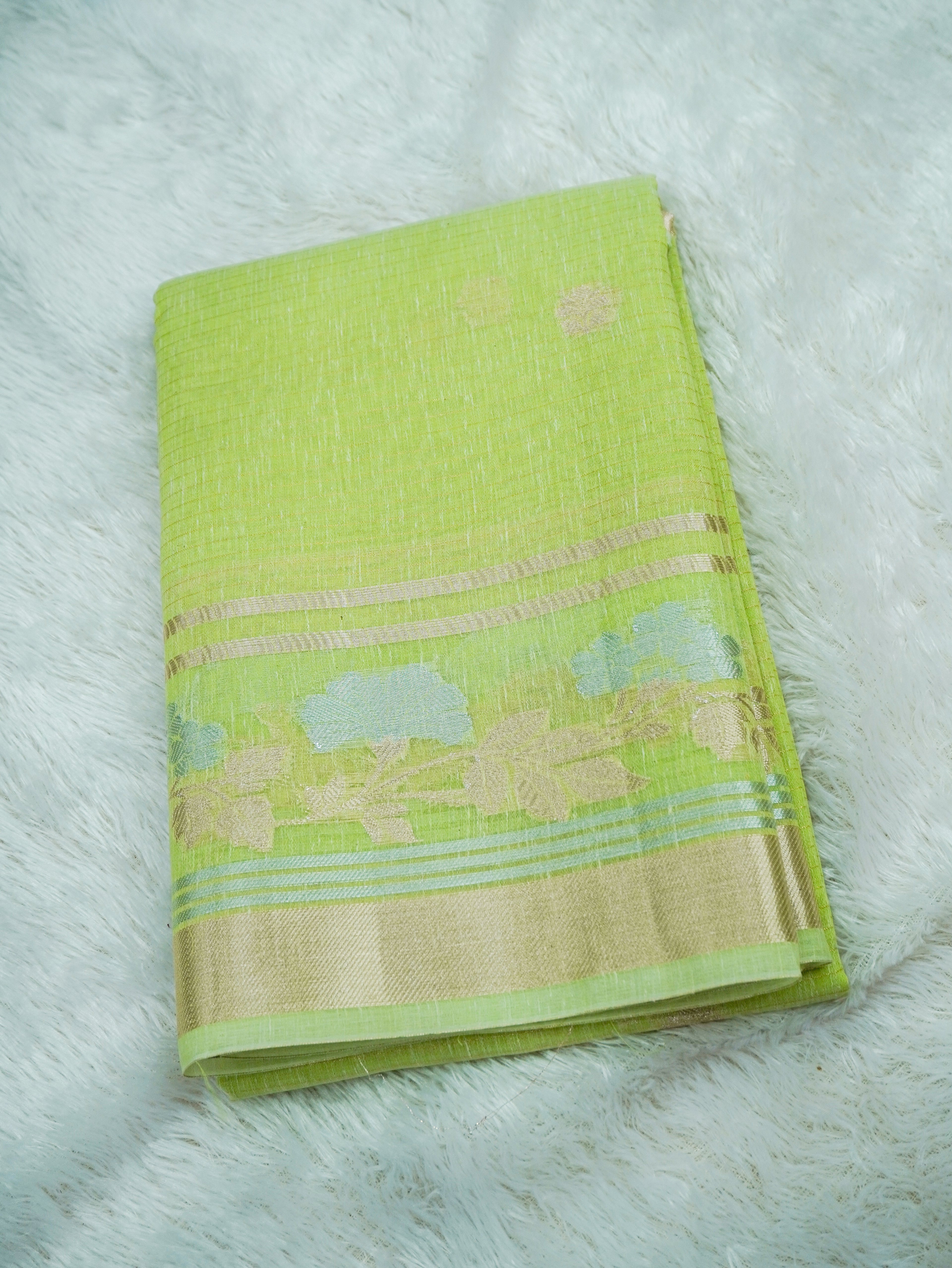 Parrot Green Tissue Banarasi Saree with Floral Buta & Rich Zari Border