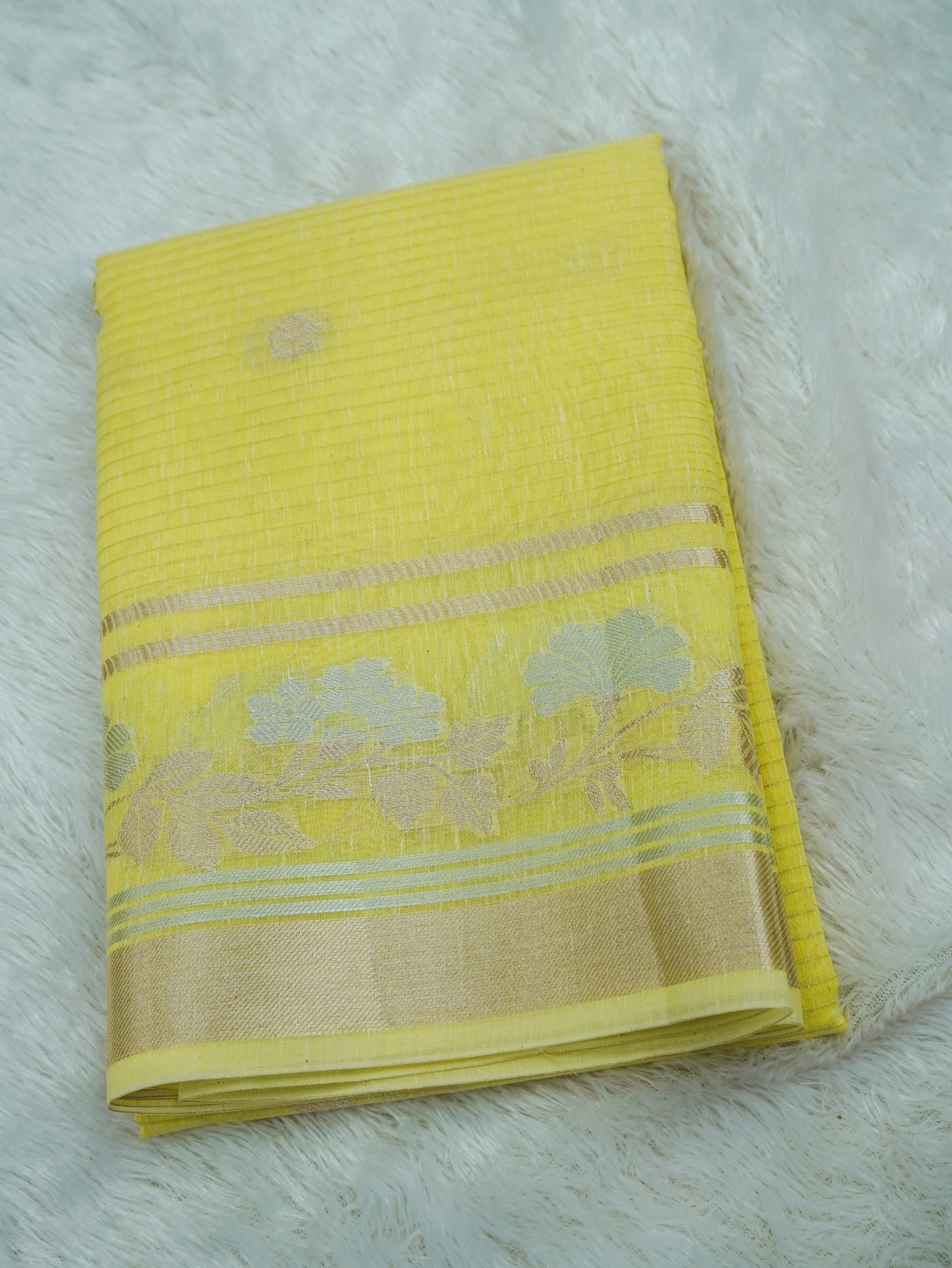 Lemon Yellow Tissue Banarasi Saree with Floral Buta & Rich Zari Border