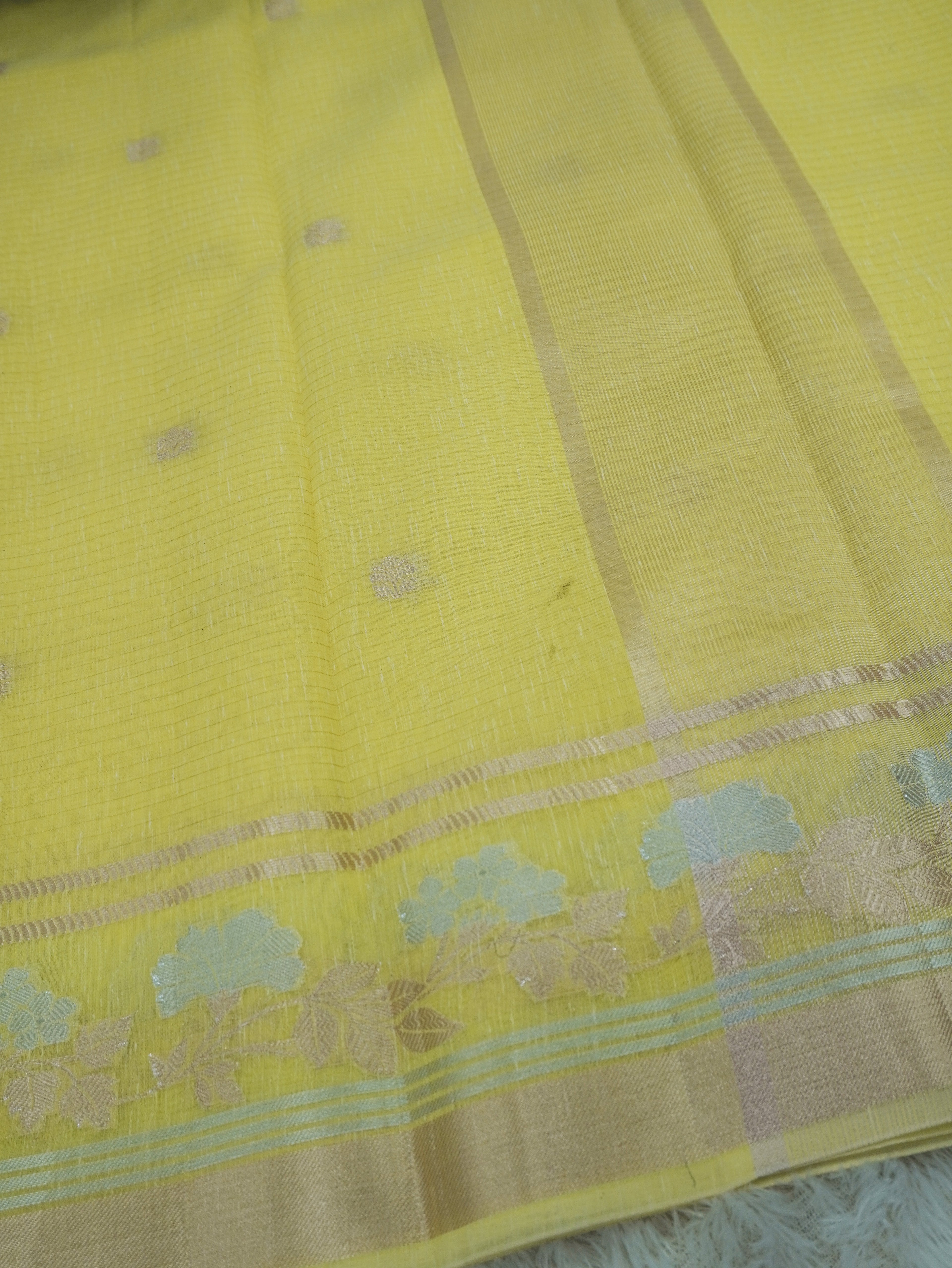 Lemon Yellow Tissue Banarasi Saree with Floral Buta & Rich Zari Border