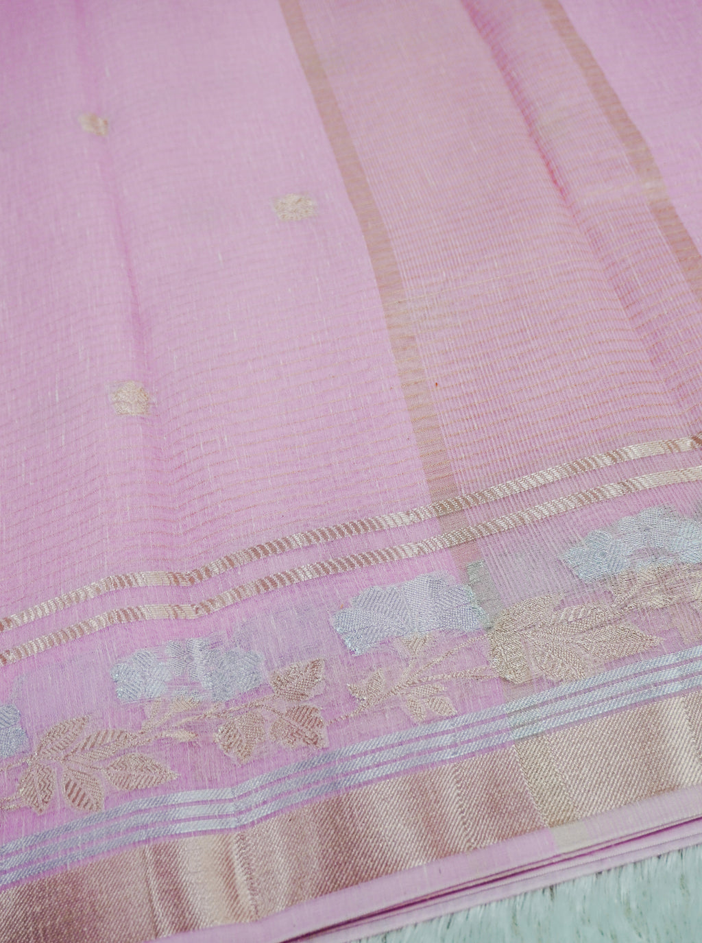 Baby Pink Linen Banarasi Saree with Floral Buta & Rich Zari Border