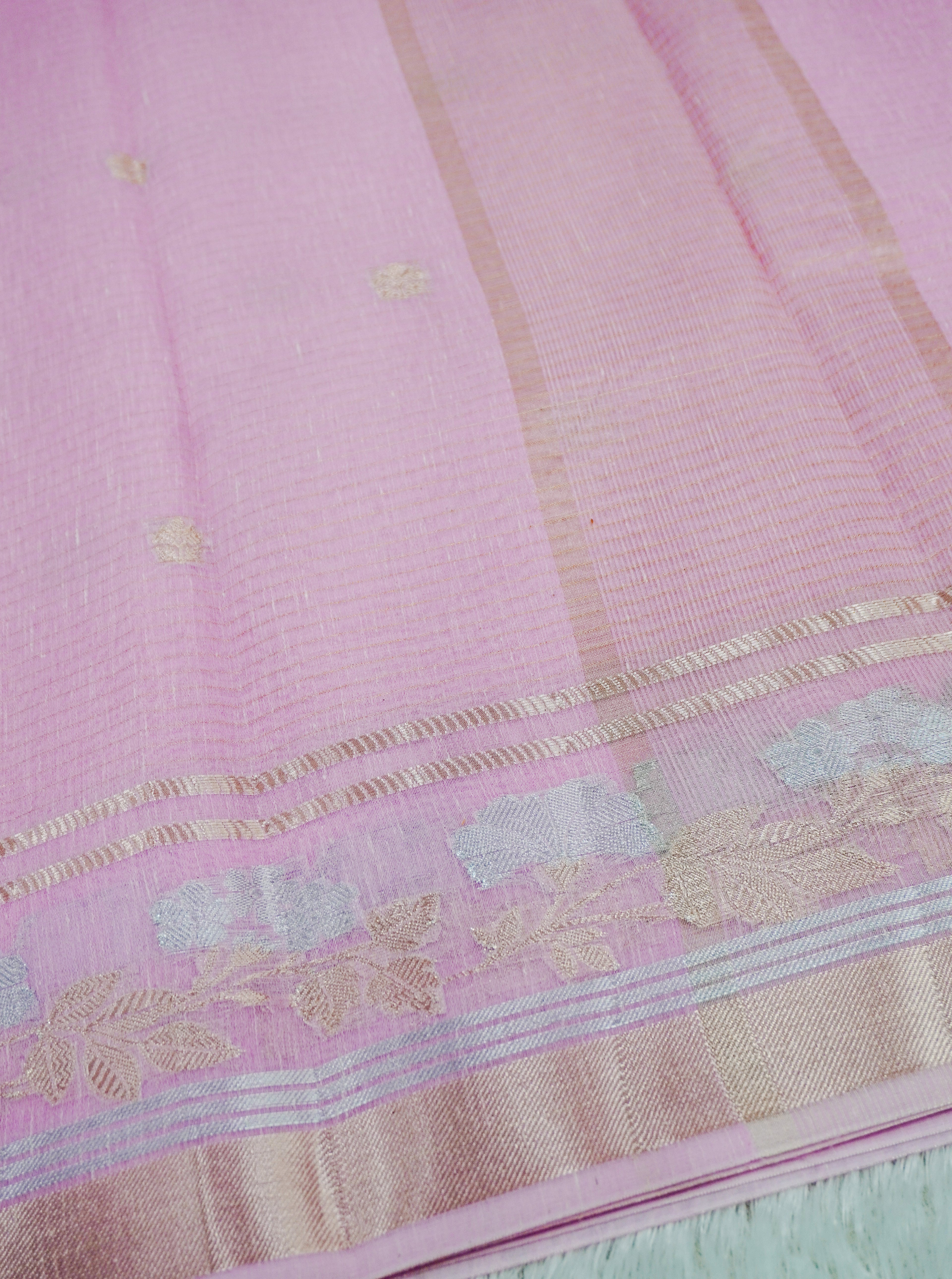 Baby Pink Linen Banarasi Saree with Floral Buta & Rich Zari Border