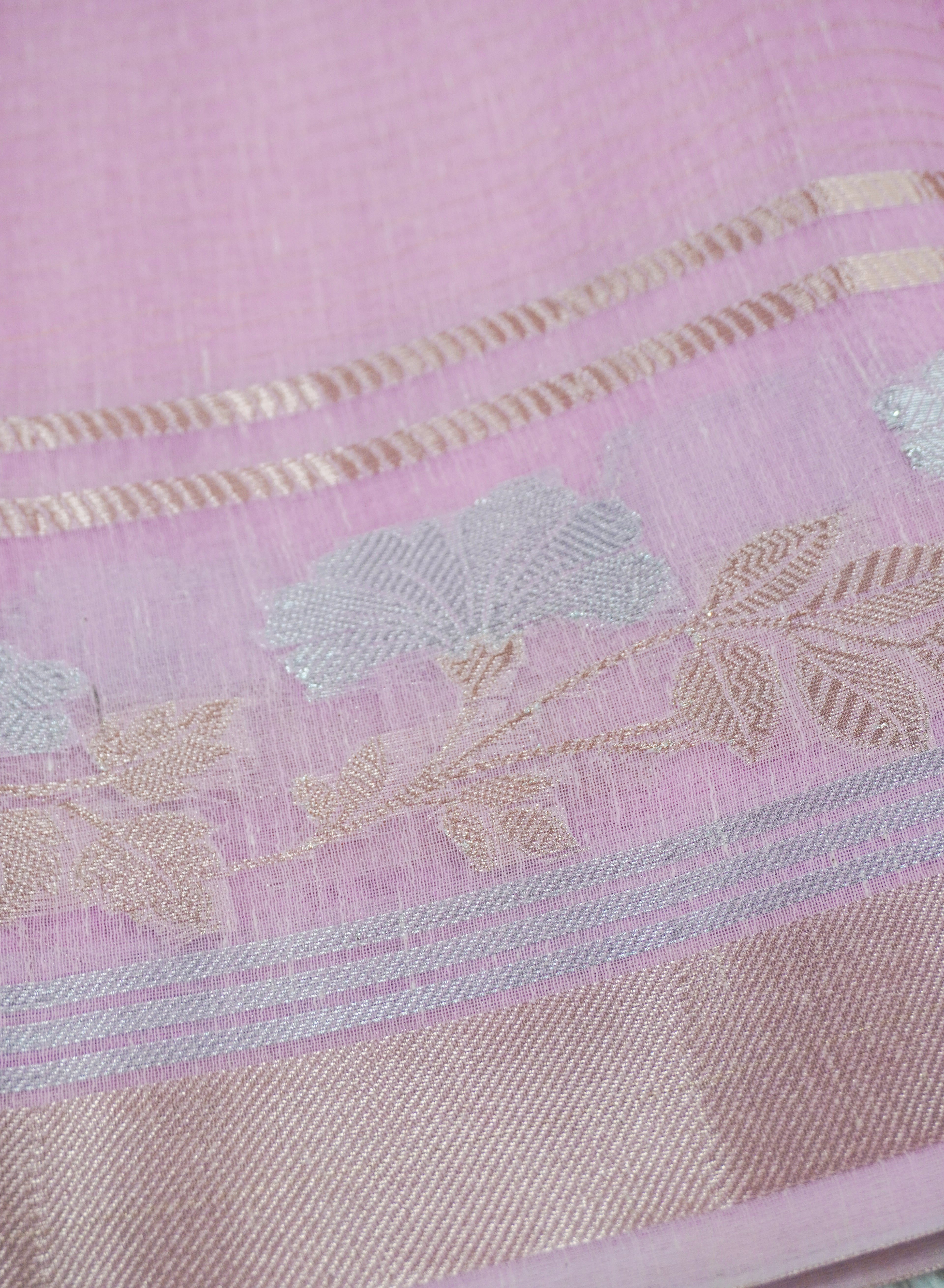 Baby Pink Linen Banarasi Saree with Floral Buta & Rich Zari Border