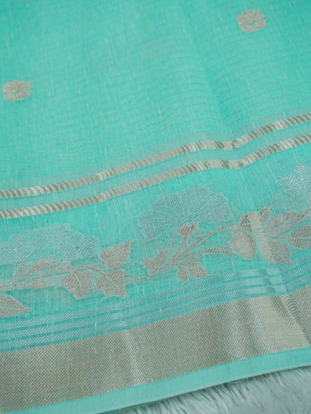 Aqua Green Tissue Banarasi Saree with Floral Buta & Rich Zari Border