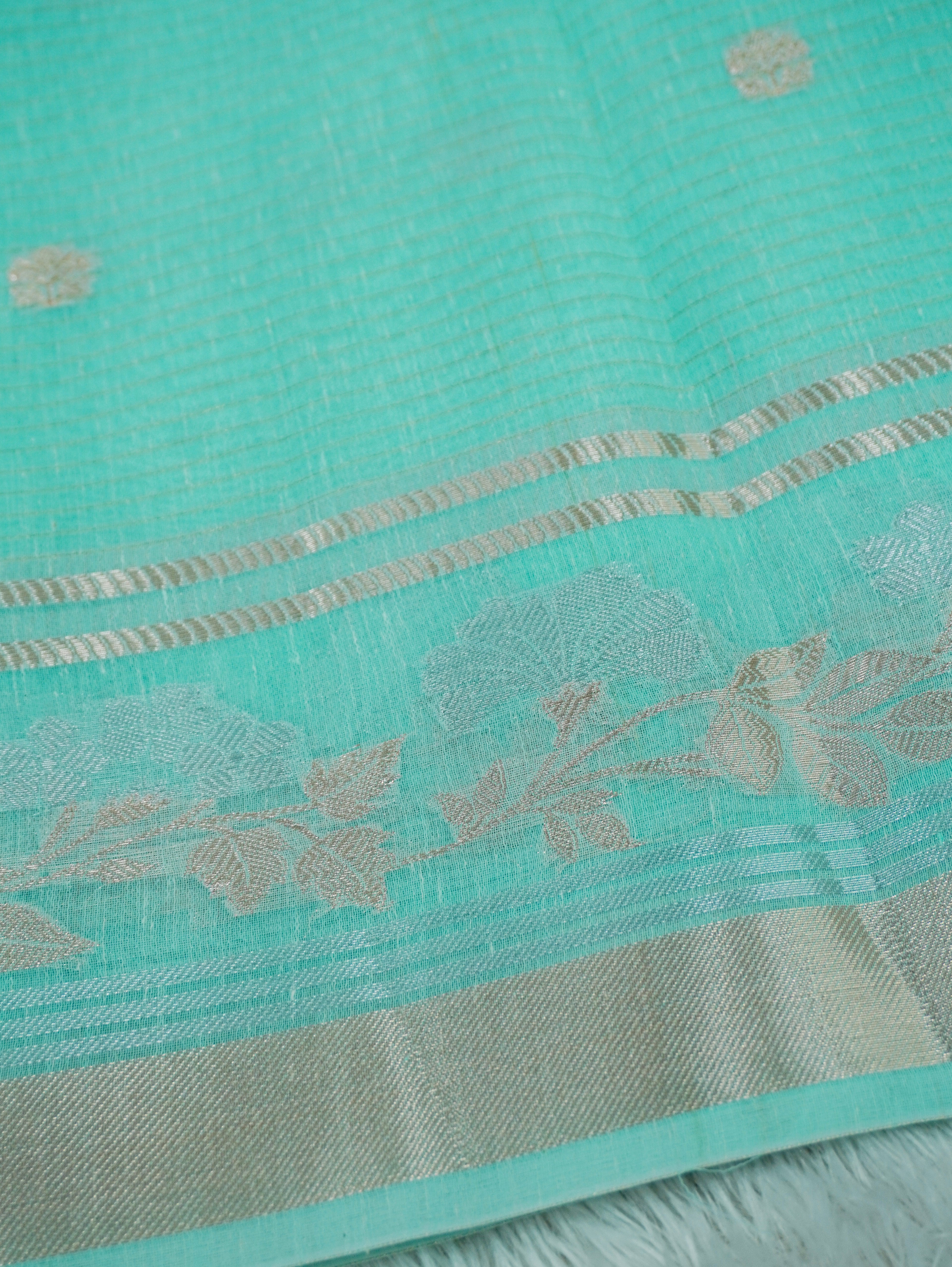 Aqua Green Tissue Banarasi Saree with Floral Buta & Rich Zari Border